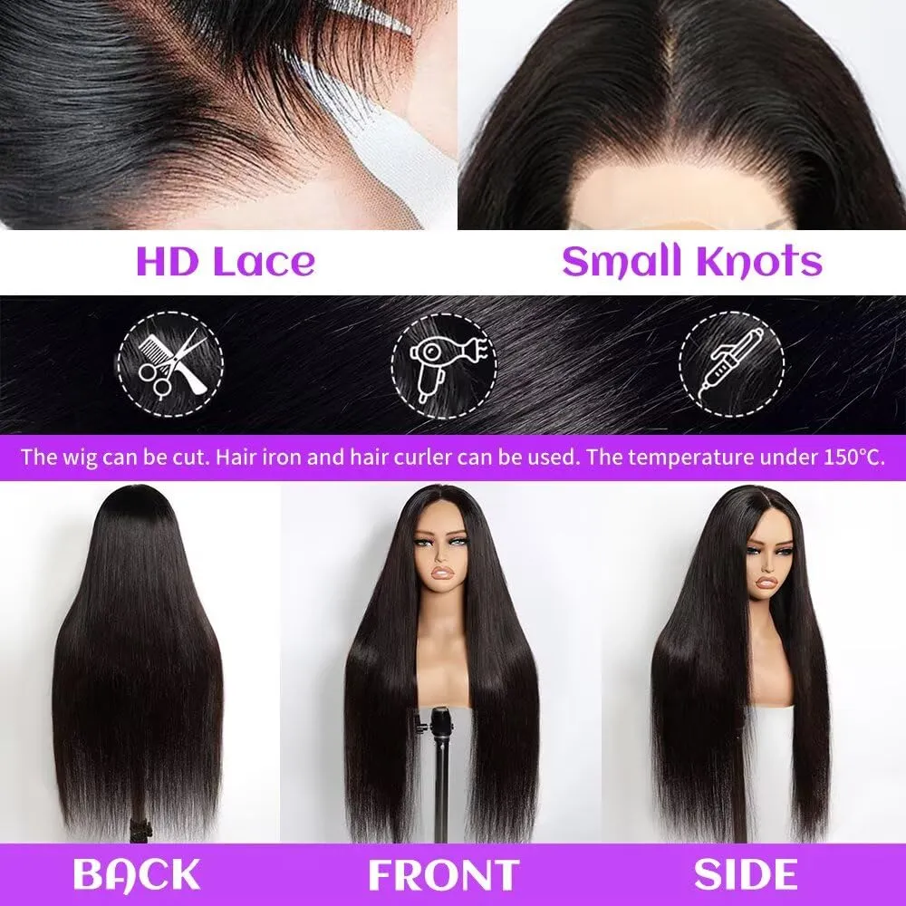 28 Inch 13x6 Lace Front Wigs Human Hair 200 Density Straight HD Lace Frontal Wigs Human Hair Pre Plucked with Baby Hair Glueless Wig Brazilian Virgin Straight Wigs Human Hair for Women Natural Color