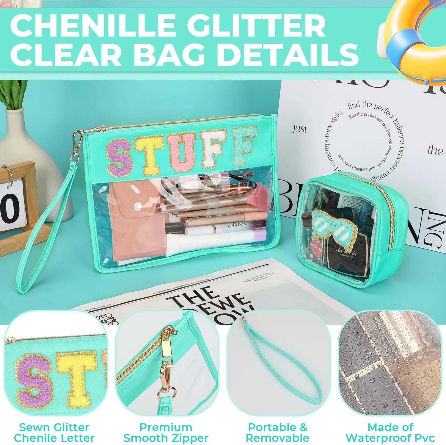 2Pcs Clear Stuff Bag Chenille Varsity Letter Makeup Bag Preppy Patch Pouch Waterproof PVC Toiletry Organizer Flat Travel Cosmetic Bag for Women(STUFF-TBlue)