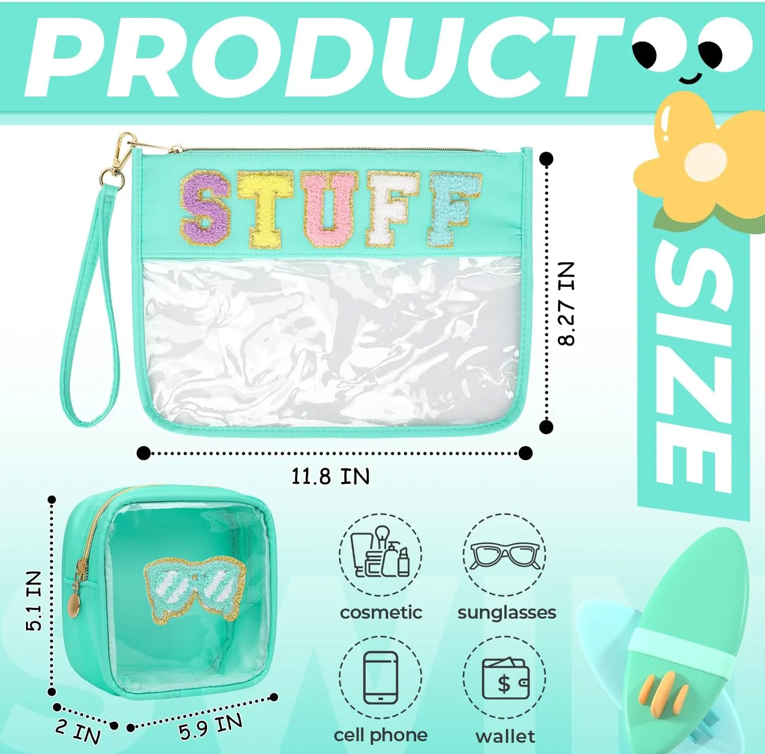 2Pcs Clear Stuff Bag Chenille Varsity Letter Makeup Bag Preppy Patch Pouch Waterproof PVC Toiletry Organizer Flat Travel Cosmetic Bag for Women(STUFF-TBlue)