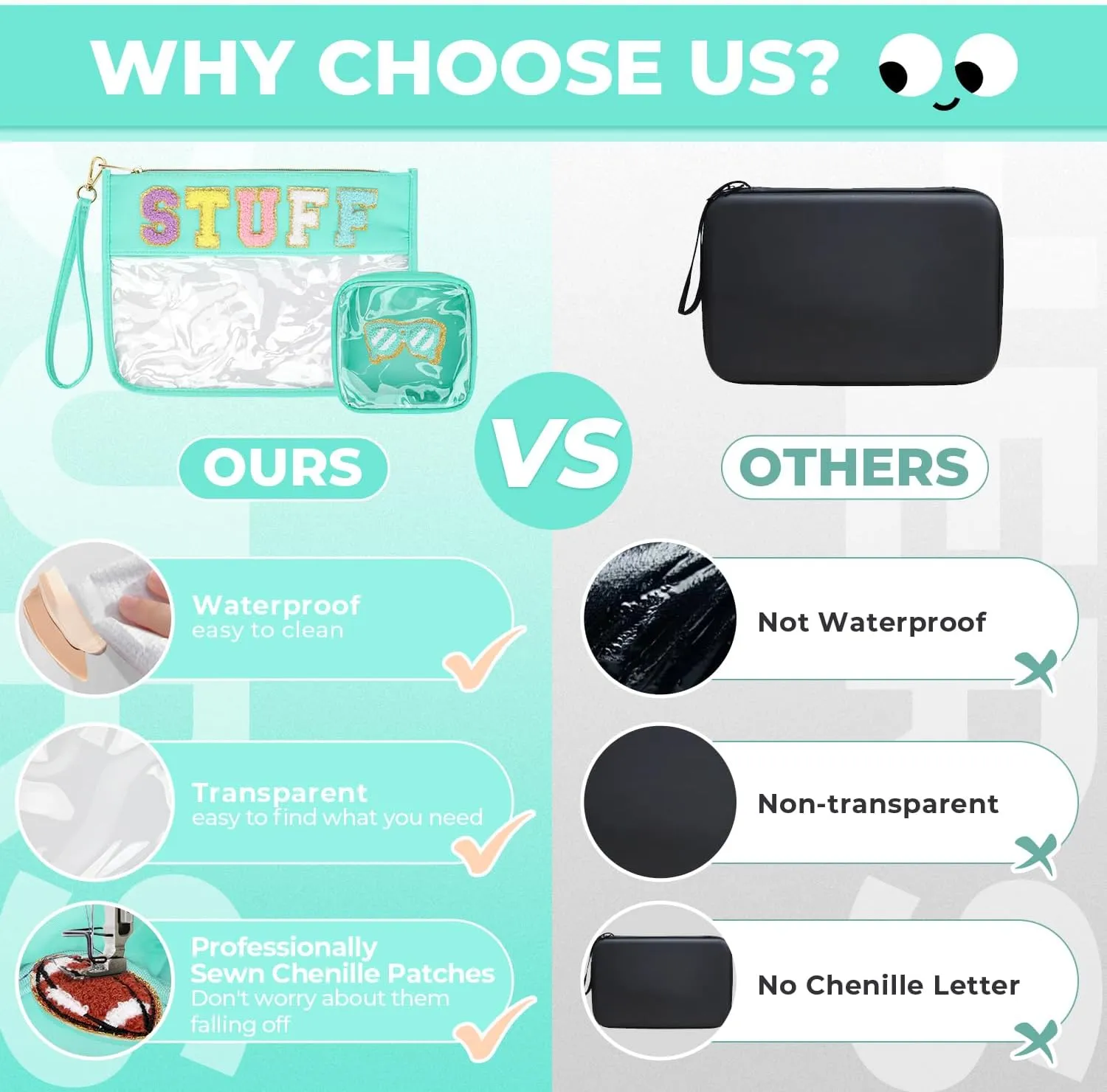 2Pcs Clear Stuff Bag Chenille Varsity Letter Makeup Bag Preppy Patch Pouch Waterproof PVC Toiletry Organizer Flat Travel Cosmetic Bag for Women(STUFF-TBlue)