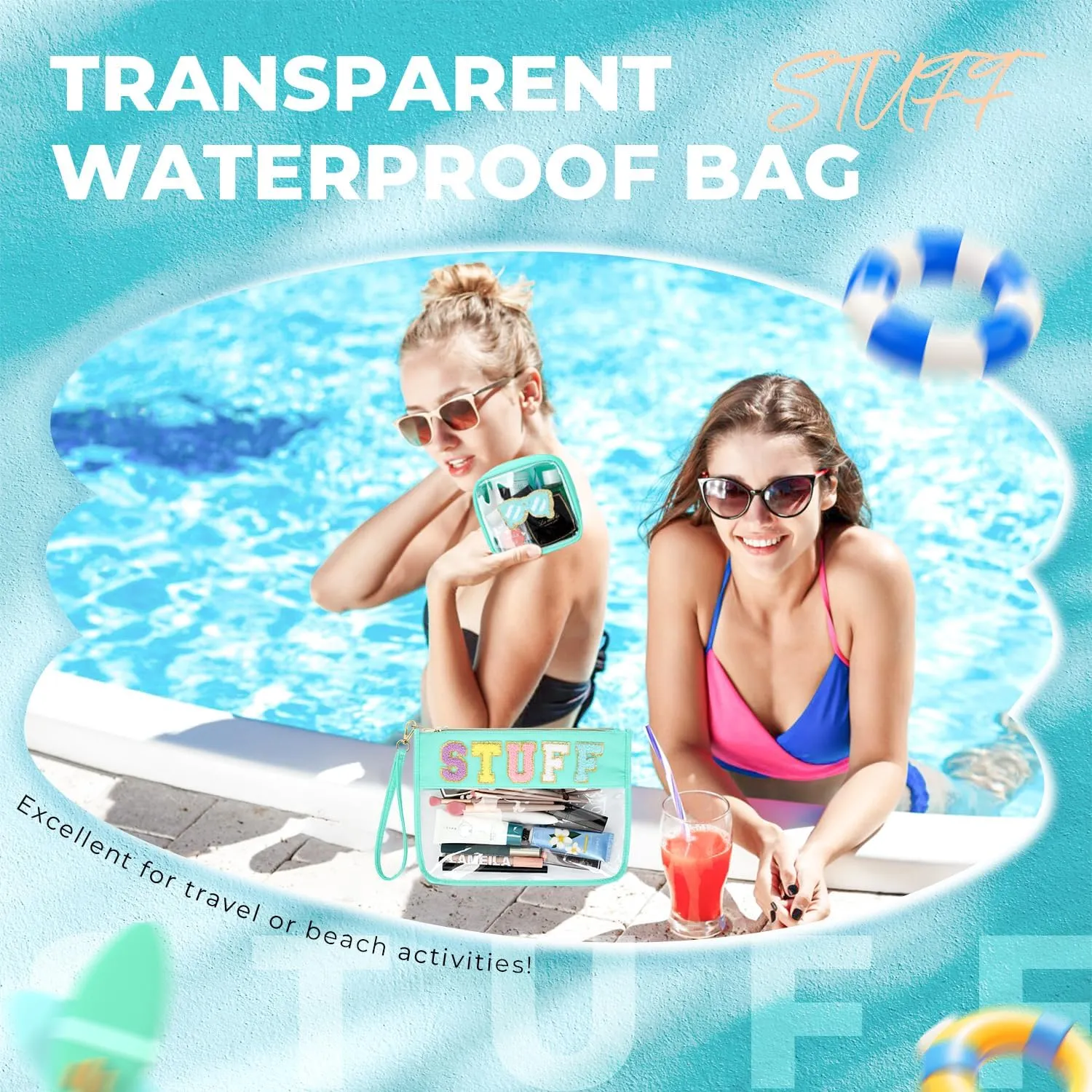 2Pcs Clear Stuff Bag Chenille Varsity Letter Makeup Bag Preppy Patch Pouch Waterproof PVC Toiletry Organizer Flat Travel Cosmetic Bag for Women(STUFF-TBlue)