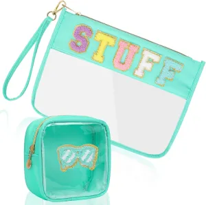 2Pcs Clear Stuff Bag Chenille Varsity Letter Makeup Bag Preppy Patch Pouch Waterproof PVC Toiletry Organizer Flat Travel Cosmetic Bag for Women(STUFF-TBlue)