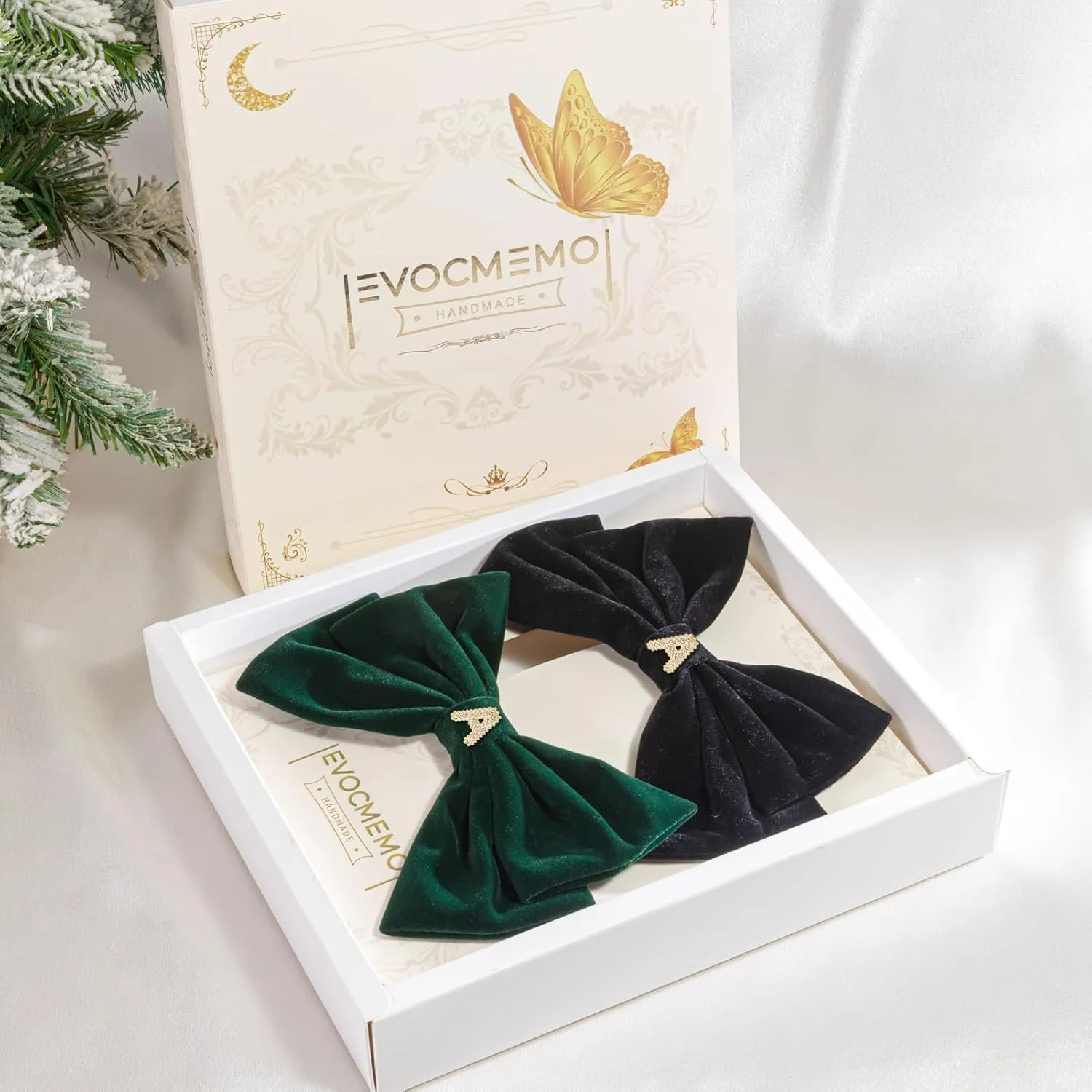2Pcs Velvet Hair Bows Set – Black & Dark Green Elegant Bow Clip & Long Ribbon Hair Clip, Personalized Hair Accessories for Women, Girls & Kids, Gift for Weddings, Birthdays, Christmas-A