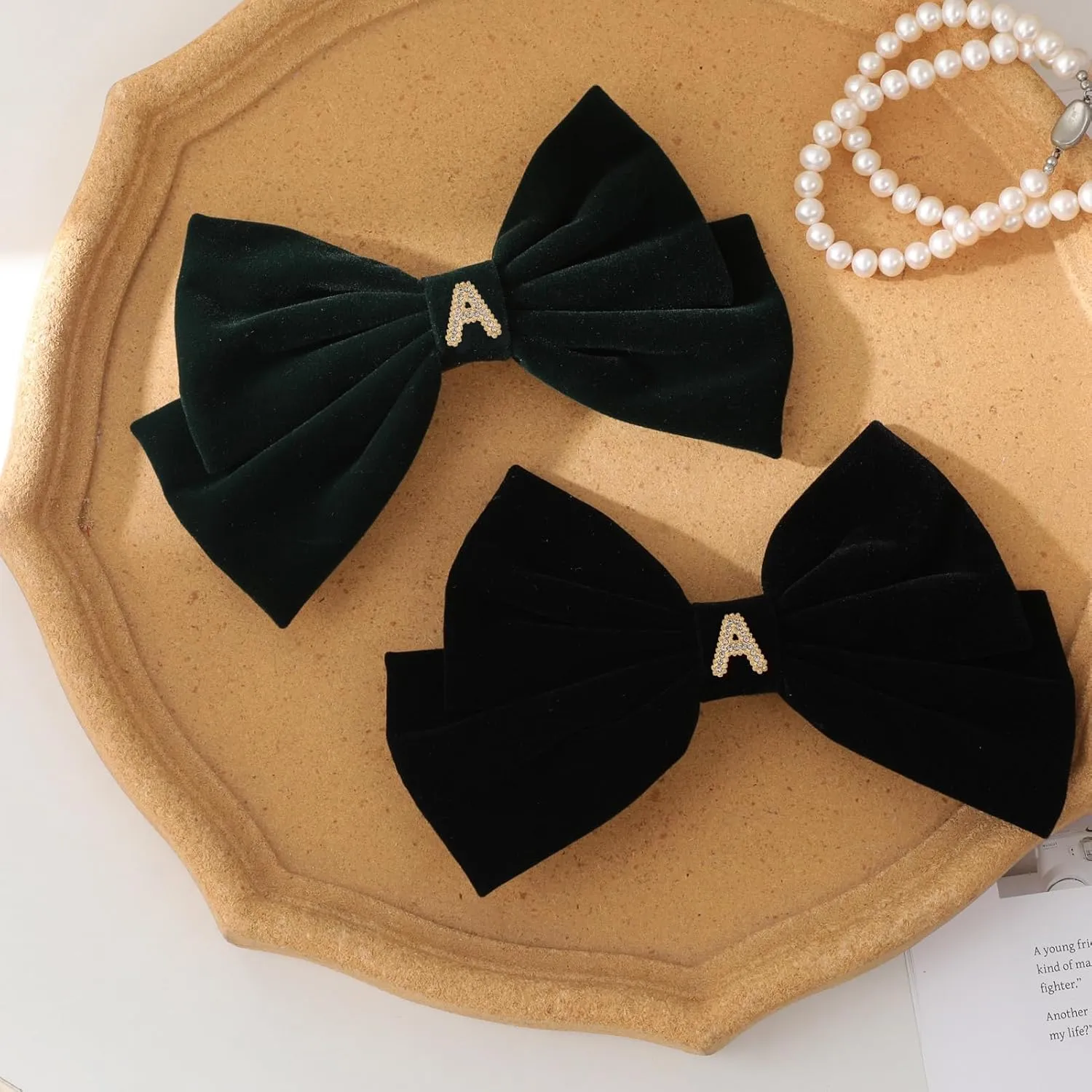 2Pcs Velvet Hair Bows Set – Black & Dark Green Elegant Bow Clip & Long Ribbon Hair Clip, Personalized Hair Accessories for Women, Girls & Kids, Gift for Weddings, Birthdays, Christmas-A