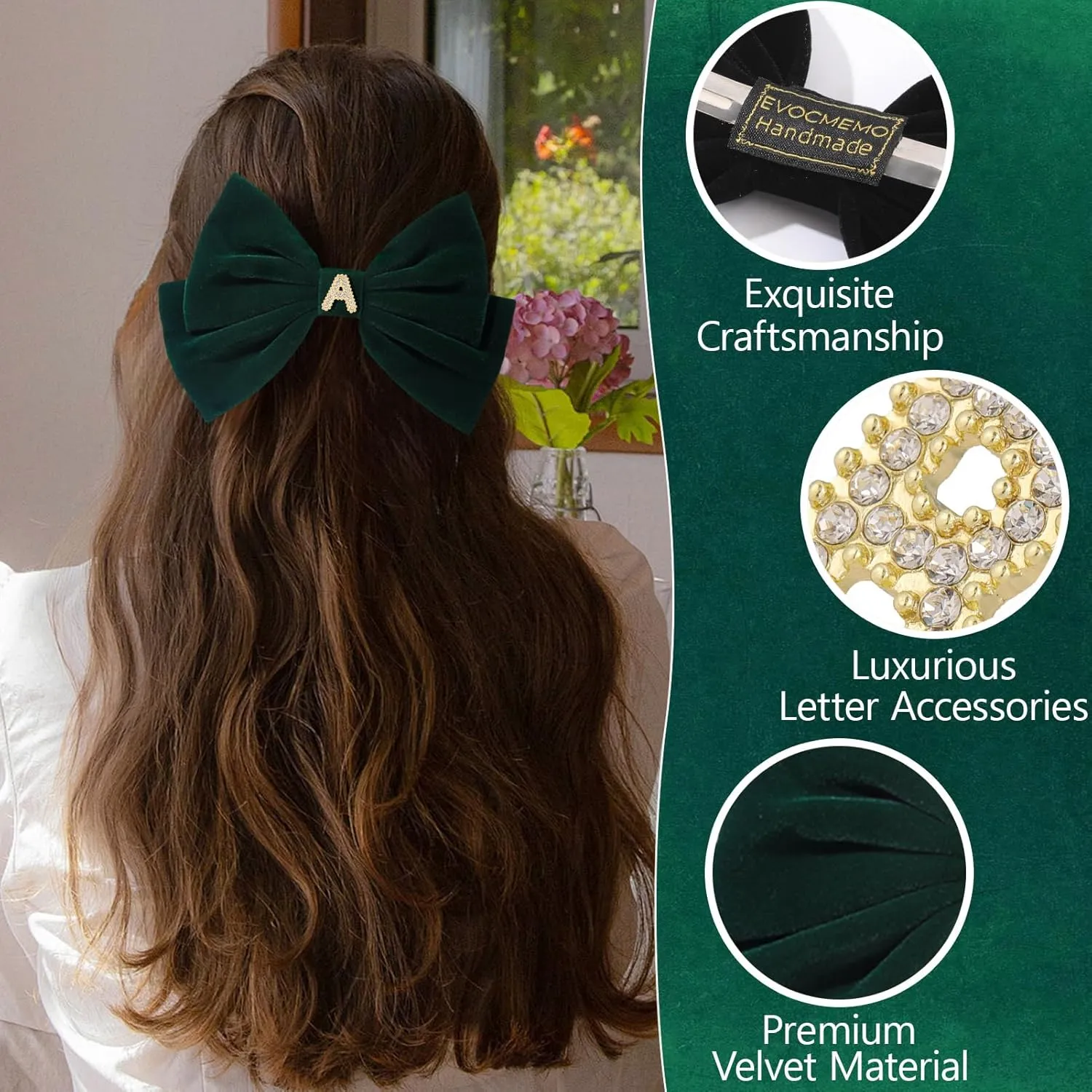 2Pcs Velvet Hair Bows Set – Black & Dark Green Elegant Bow Clip & Long Ribbon Hair Clip, Personalized Hair Accessories for Women, Girls & Kids, Gift for Weddings, Birthdays, Christmas-A