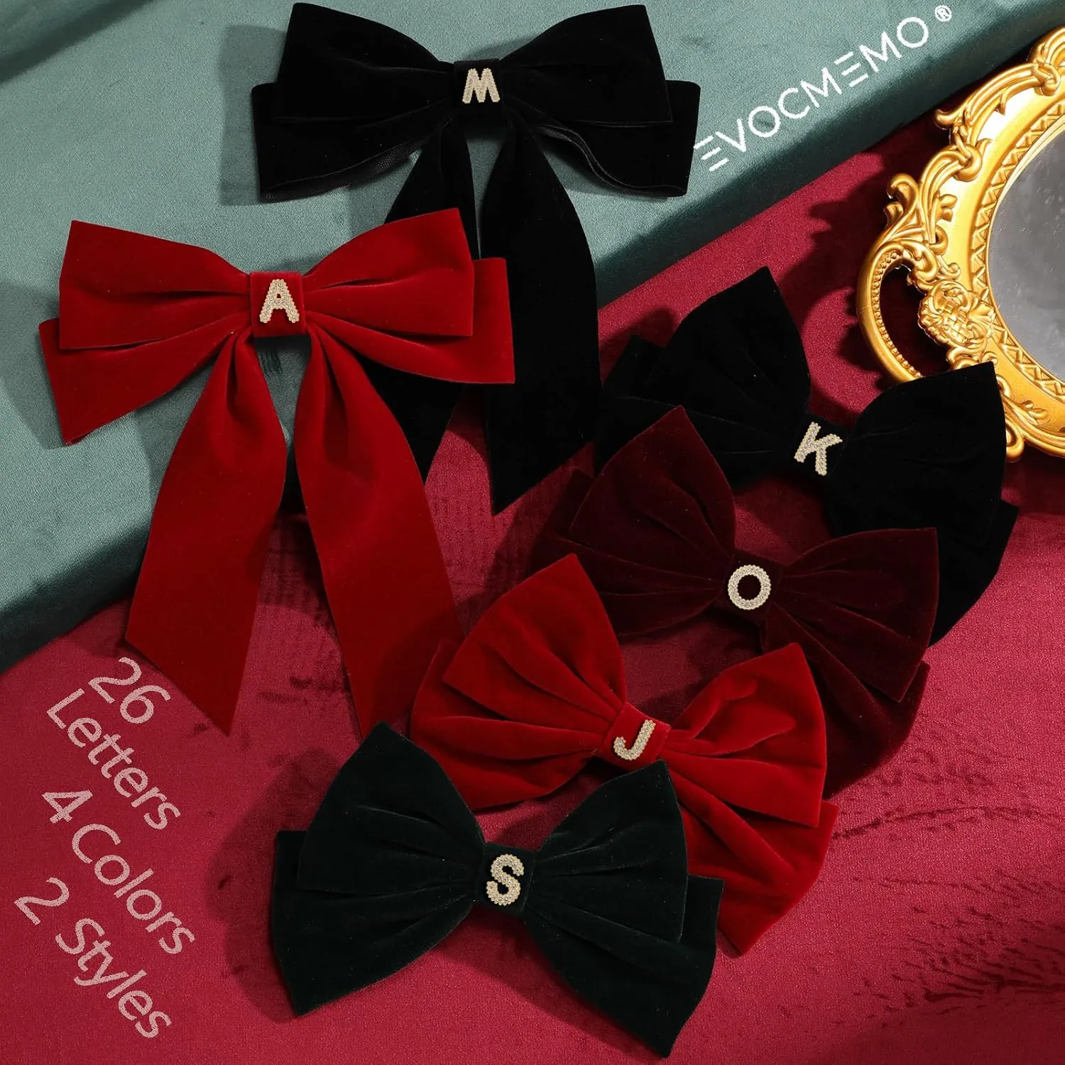2Pcs Velvet Hair Bows Set – Black & Dark Green Elegant Bow Clip & Long Ribbon Hair Clip, Personalized Hair Accessories for Women, Girls & Kids, Gift for Weddings, Birthdays, Christmas-A