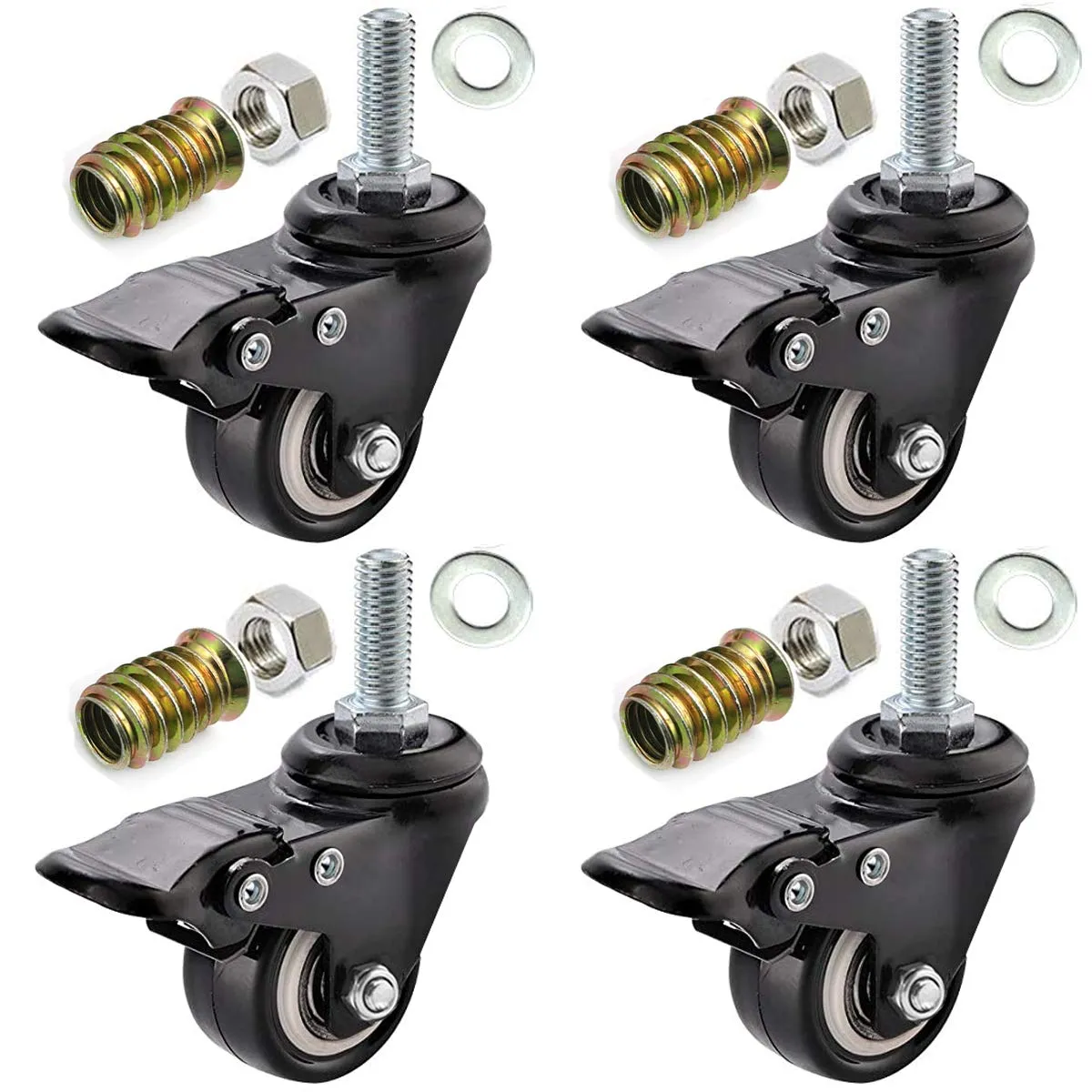 2" Stem Casters, Safety Dual Locking and Polyurethane Foam No Noise Wheels with Brake,Castors Markless Wheels Loading 150 Lbs(4 Pack)