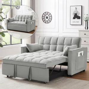 3 in 1 Convertible Sleeper Sofa Bed, Futon Couches for Living Room with Side Pocket | Adjustable Backrest | Velvet Fabric | Pull Out Couch | Small Loveseat | Sectional Sofa Bed(Grey)