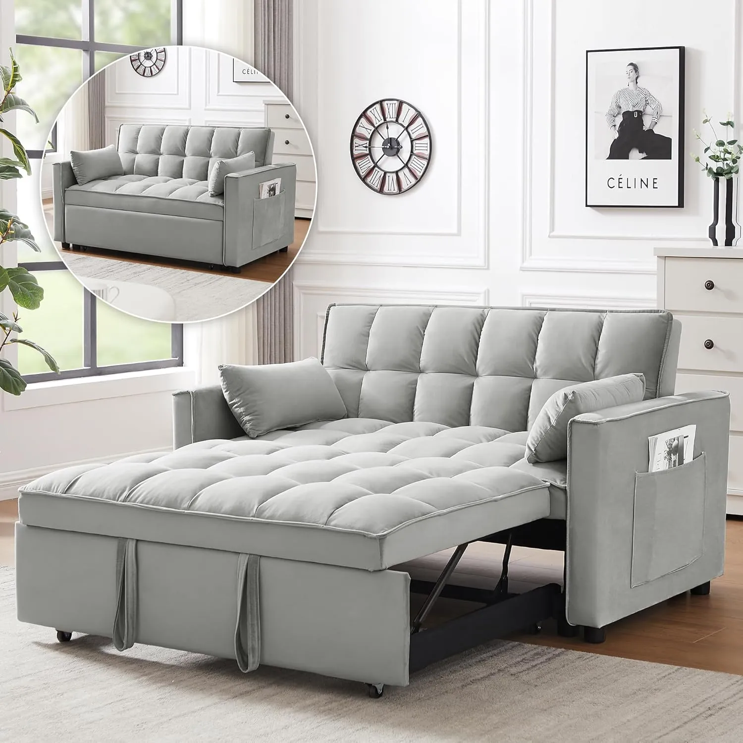 3 in 1 Convertible Sleeper Sofa Bed, Futon Couches for Living Room with Side Pocket | Adjustable Backrest | Velvet Fabric | Pull Out Couch | Small Loveseat | Sectional Sofa Bed(Grey)