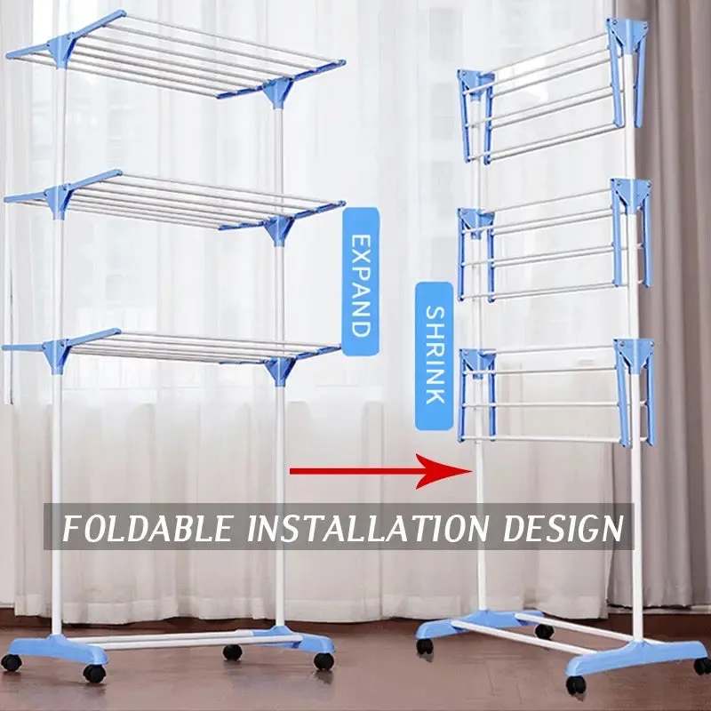 3 Layer Foldable Wing Drying Rack, Double Pole Movable Clothes Rack, Floor Mobile Folding Clothes Rack, Simple Home Cloth Drying Holder, Telescopic Household Laundry Rack, Stacked Wing Drying Rack