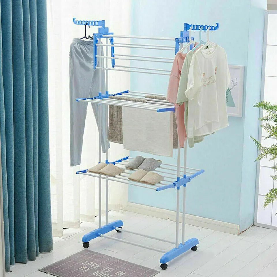 3 Layer Foldable Wing Drying Rack, Double Pole Movable Clothes Rack, Floor Mobile Folding Clothes Rack, Simple Home Cloth Drying Holder, Telescopic Household Laundry Rack, Stacked Wing Drying Rack