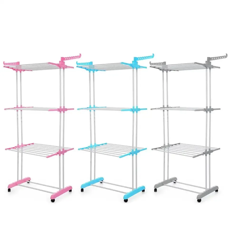 3 Layer Foldable Wing Drying Rack, Double Pole Movable Clothes Rack, Floor Mobile Folding Clothes Rack, Simple Home Cloth Drying Holder, Telescopic Household Laundry Rack, Stacked Wing Drying Rack