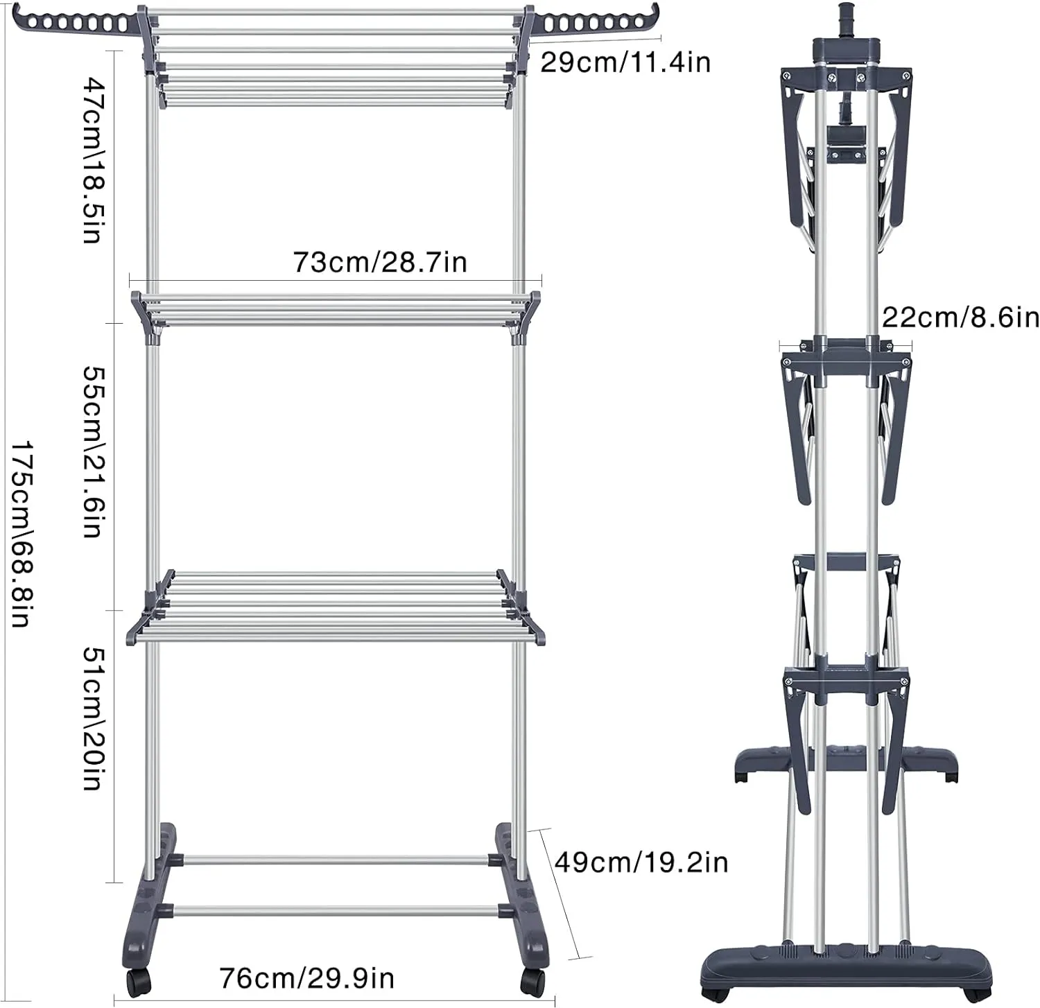 3 Layer Foldable Wing Drying Rack, Double Pole Movable Clothes Rack, Floor Mobile Folding Clothes Rack, Simple Home Cloth Drying Holder, Telescopic Household Laundry Rack, Stacked Wing Drying Rack