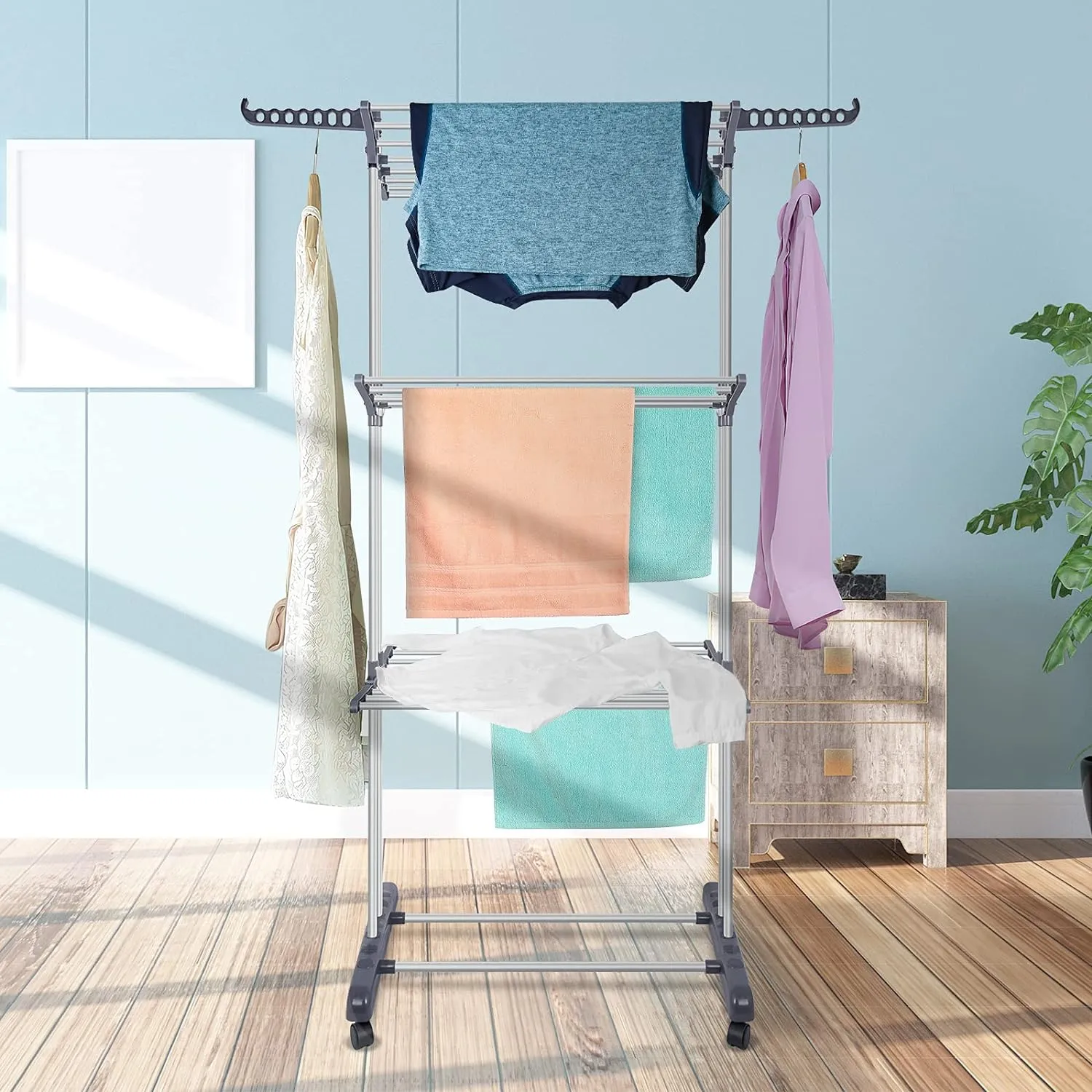 3 Layer Foldable Wing Drying Rack, Double Pole Movable Clothes Rack, Floor Mobile Folding Clothes Rack, Simple Home Cloth Drying Holder, Telescopic Household Laundry Rack, Stacked Wing Drying Rack