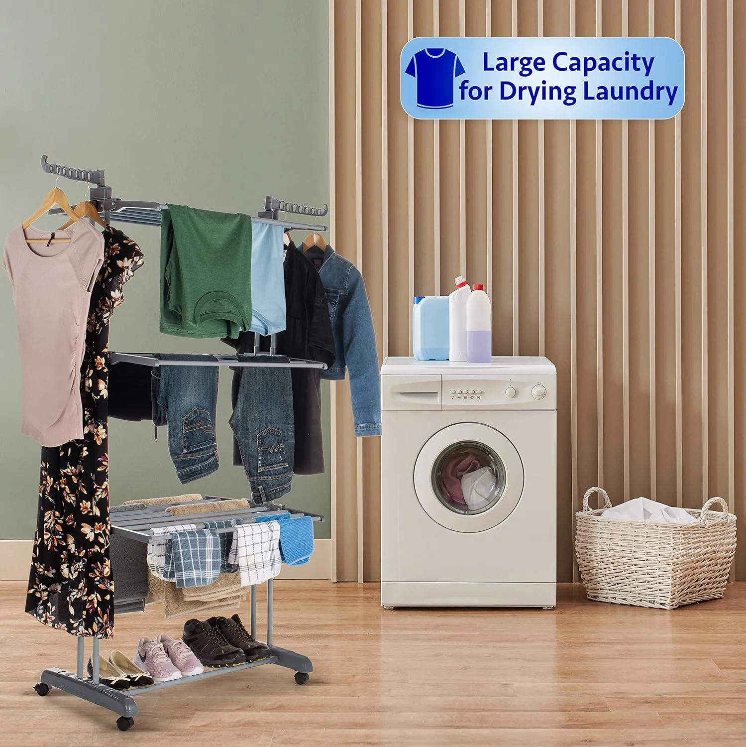 3 Layer Foldable Wing Drying Rack, Double Pole Movable Clothes Rack, Floor Mobile Folding Clothes Rack, Simple Home Cloth Drying Holder, Telescopic Household Laundry Rack, Stacked Wing Drying Rack