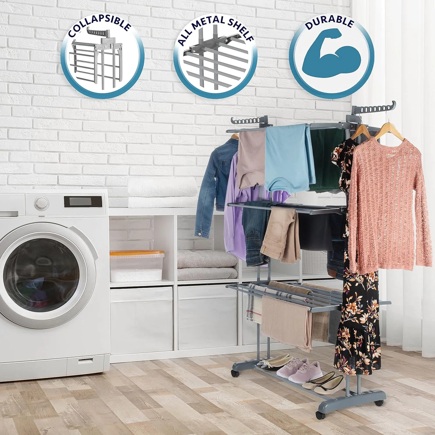 3 Layer Foldable Wing Drying Rack, Double Pole Movable Clothes Rack, Floor Mobile Folding Clothes Rack, Simple Home Cloth Drying Holder, Telescopic Household Laundry Rack, Stacked Wing Drying Rack