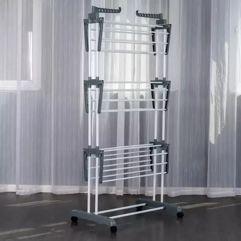 3 Layer Foldable Wing Drying Rack, Double Pole Movable Clothes Rack, Floor Mobile Folding Clothes Rack, Simple Home Cloth Drying Holder, Telescopic Household Laundry Rack, Stacked Wing Drying Rack