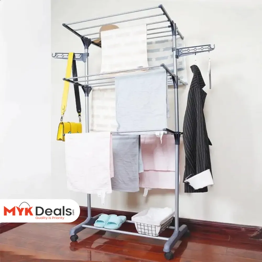 3 Layer Foldable Wing Drying Rack, Double Pole Movable Clothes Rack, Floor Mobile Folding Clothes Rack, Simple Home Cloth Drying Holder, Telescopic Household Laundry Rack, Stacked Wing Drying Rack