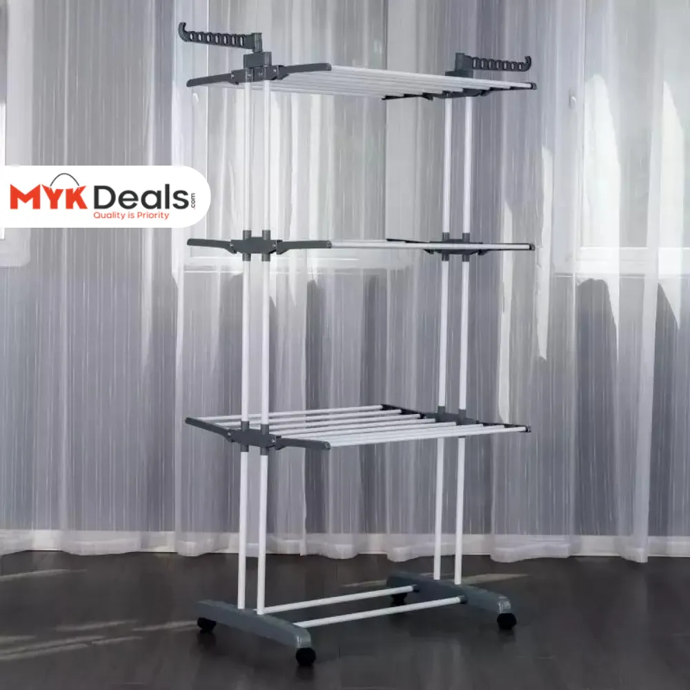 3 Layer Foldable Wing Drying Rack, Double Pole Movable Clothes Rack, Floor Mobile Folding Clothes Rack, Simple Home Cloth Drying Holder, Telescopic Household Laundry Rack, Stacked Wing Drying Rack