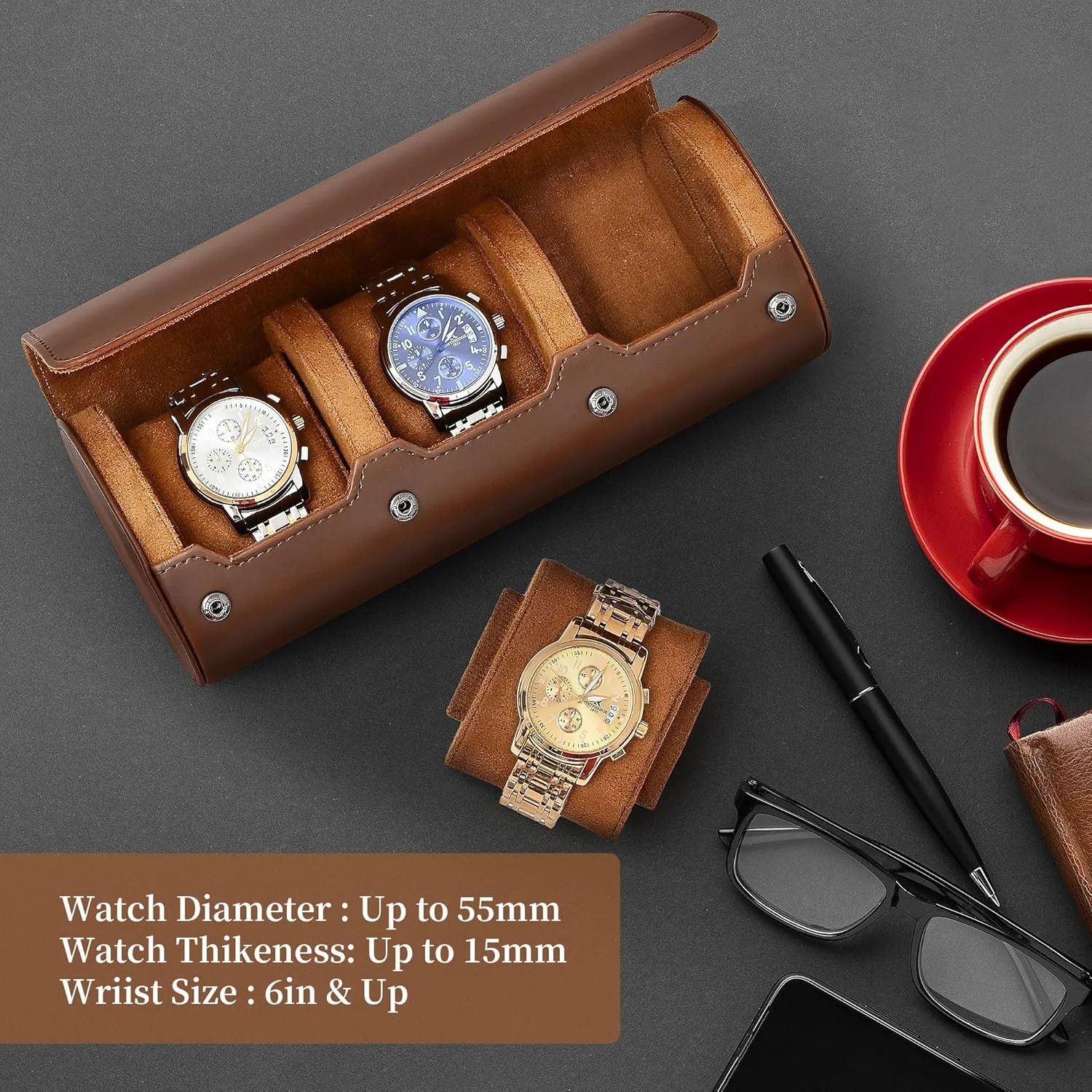 3 Travel Watch Case Roll Organizer for Men and Women | Leather Display Case | Storage & Holder for Men's and Women's Collections