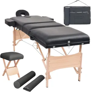 3-Zone Folding Massage Table and Stool Set with Adjustable Features, Portable Carrying Bag, Black