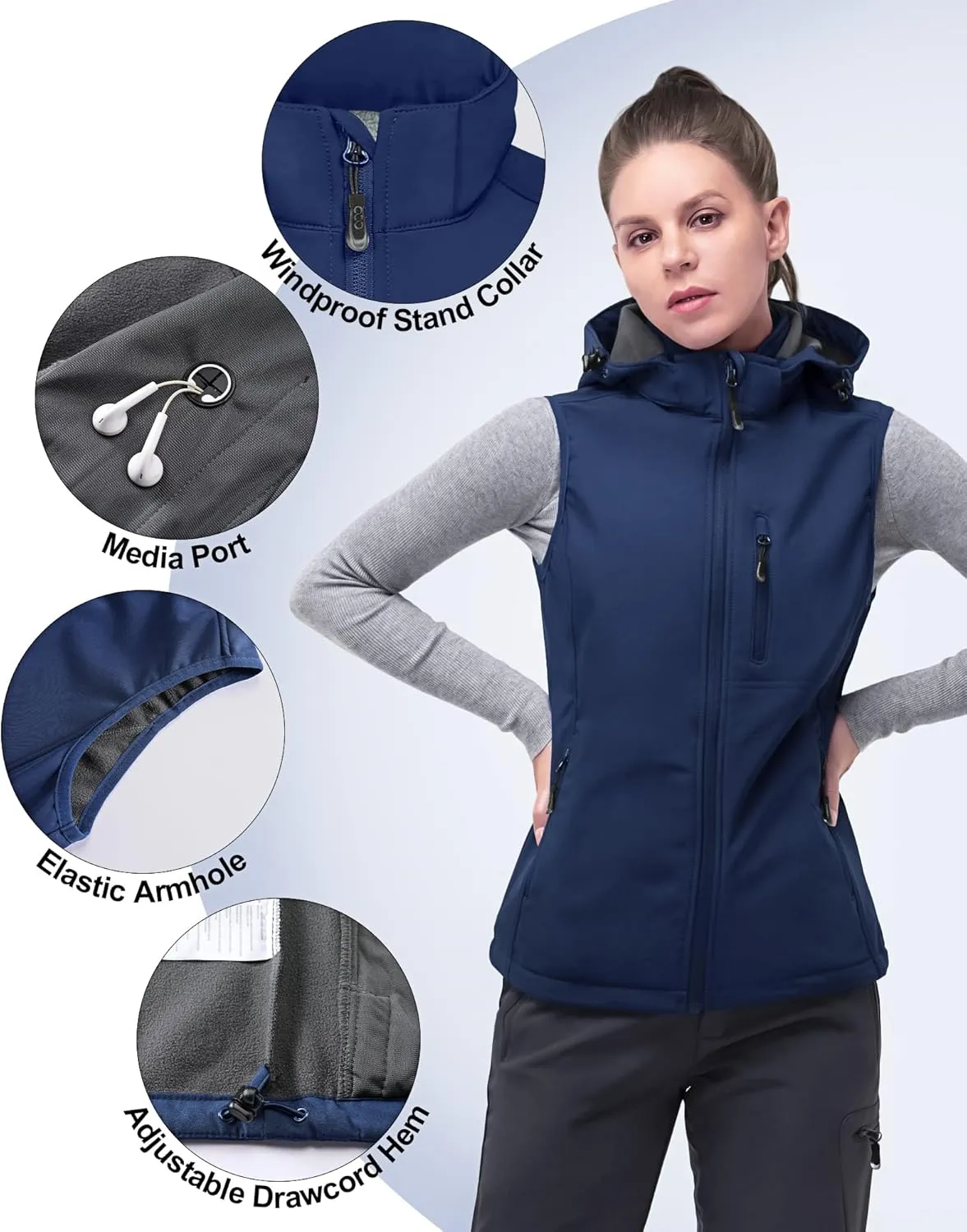 33,000ft Women's Hooded Lightweight Softshell Vest Fleece Lined Windproof Zip Up Sleeveless Jacket for Hiking Golf Running