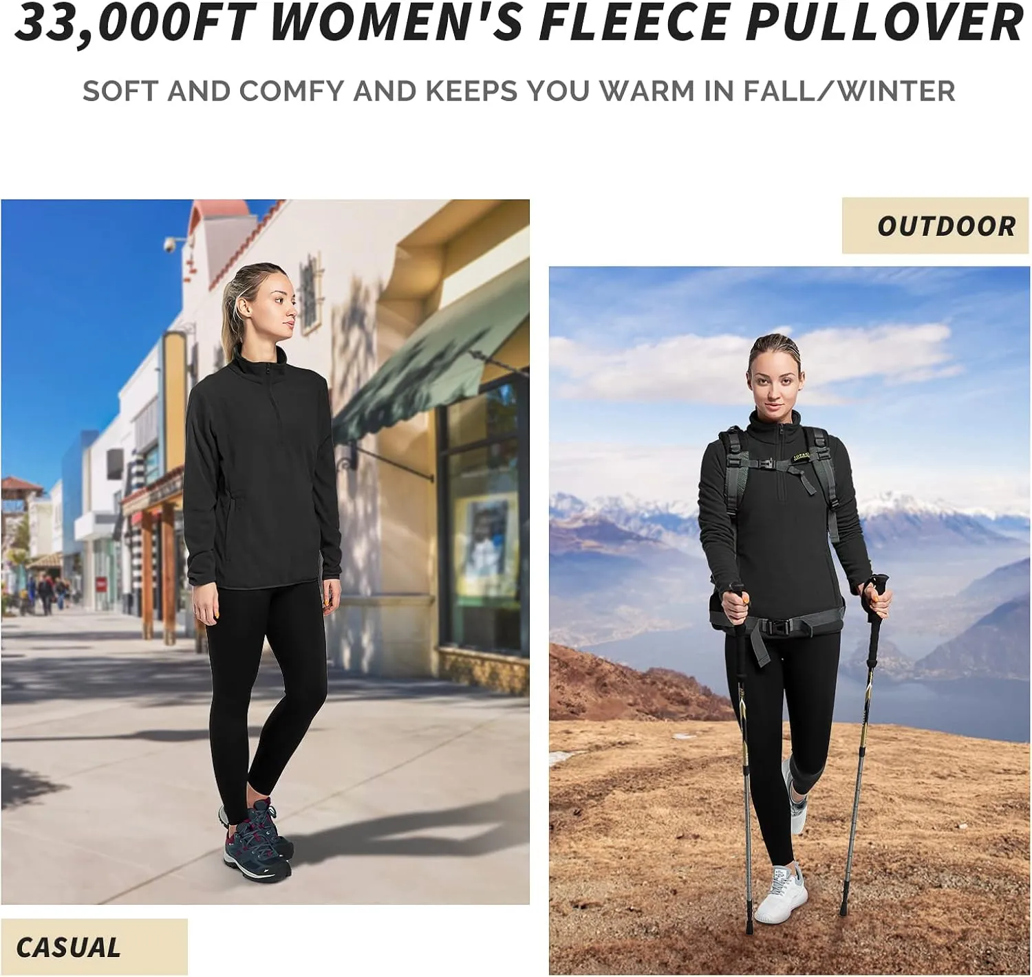 33,000ft Women's Lightweight Long Sleeve Fleece Pullover Jacket, Quarter Zip Top Warm Polar Sweatshirt with Zipper Pockets