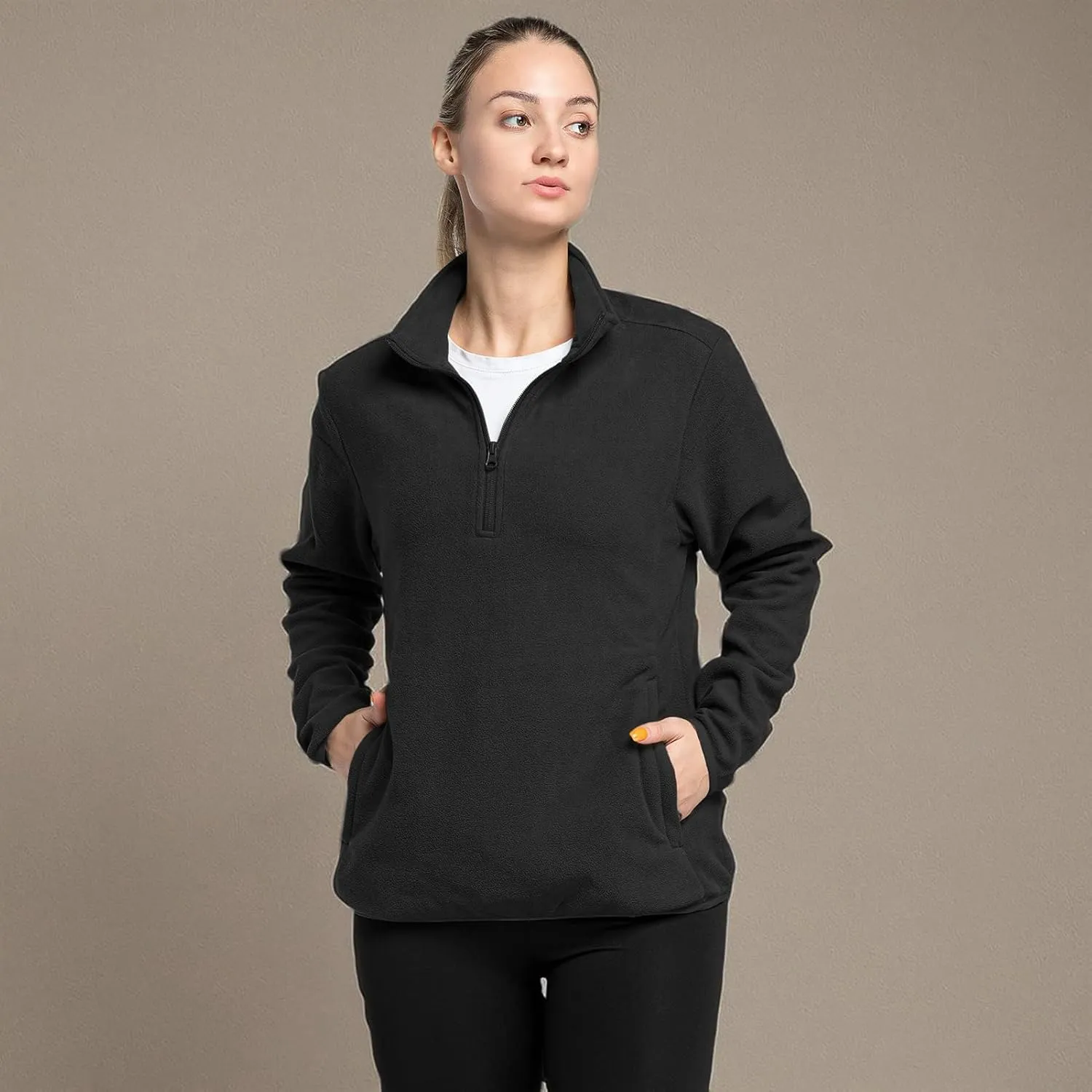 33,000ft Women's Lightweight Long Sleeve Fleece Pullover Jacket, Quarter Zip Top Warm Polar Sweatshirt with Zipper Pockets