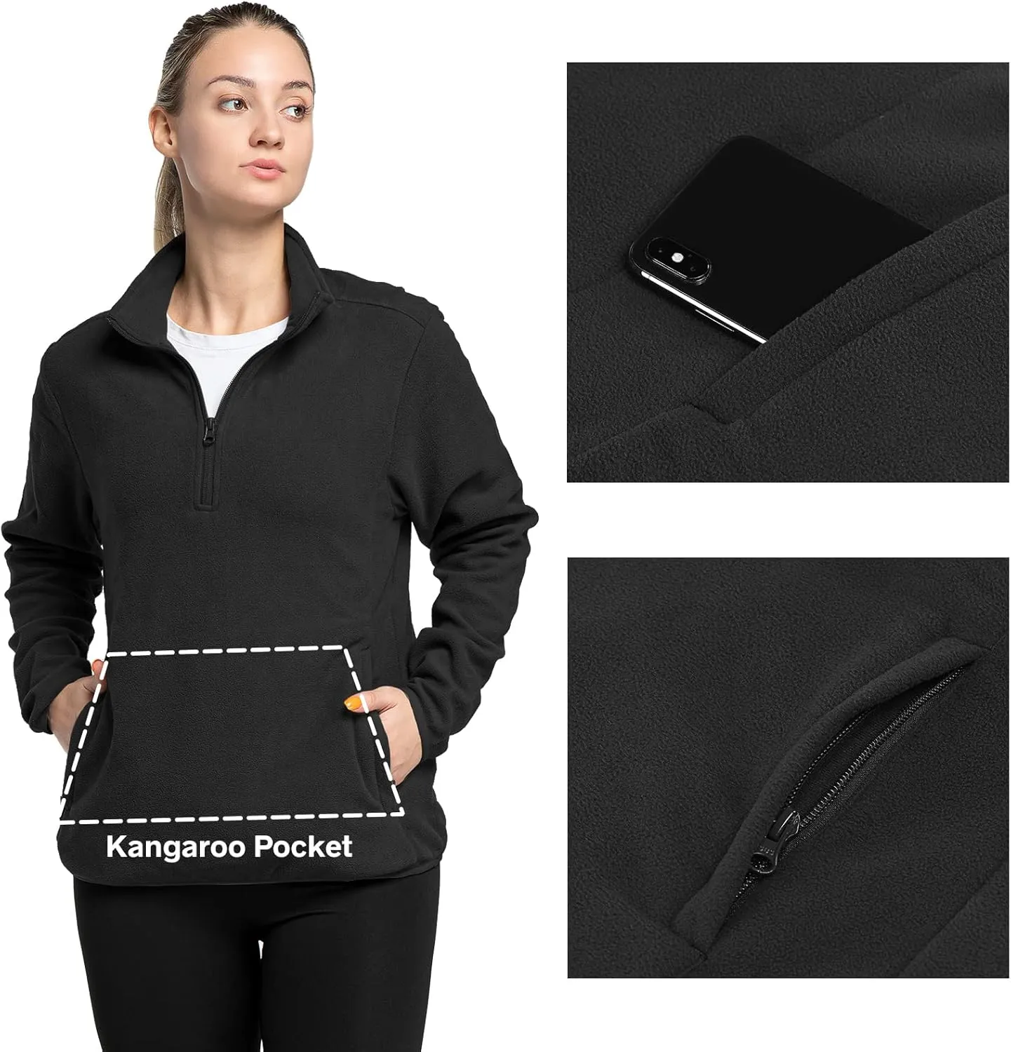 33,000ft Women's Lightweight Long Sleeve Fleece Pullover Jacket, Quarter Zip Top Warm Polar Sweatshirt with Zipper Pockets