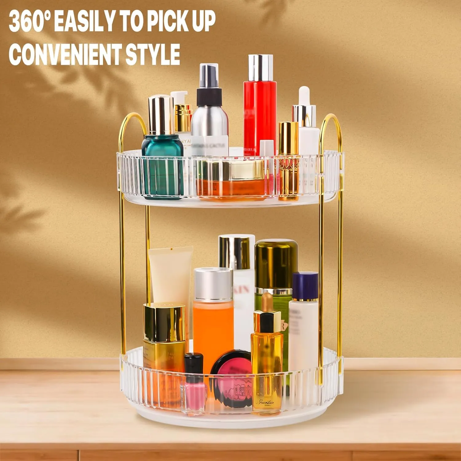 360 Spinning Makeup Organizer, Rotating Bathroom Makeup Holder Rack, Large Capacity Cosmetic Carousel Storage with 2 Tier Perfect for Dresser Bedroom Vanity (Clear)
