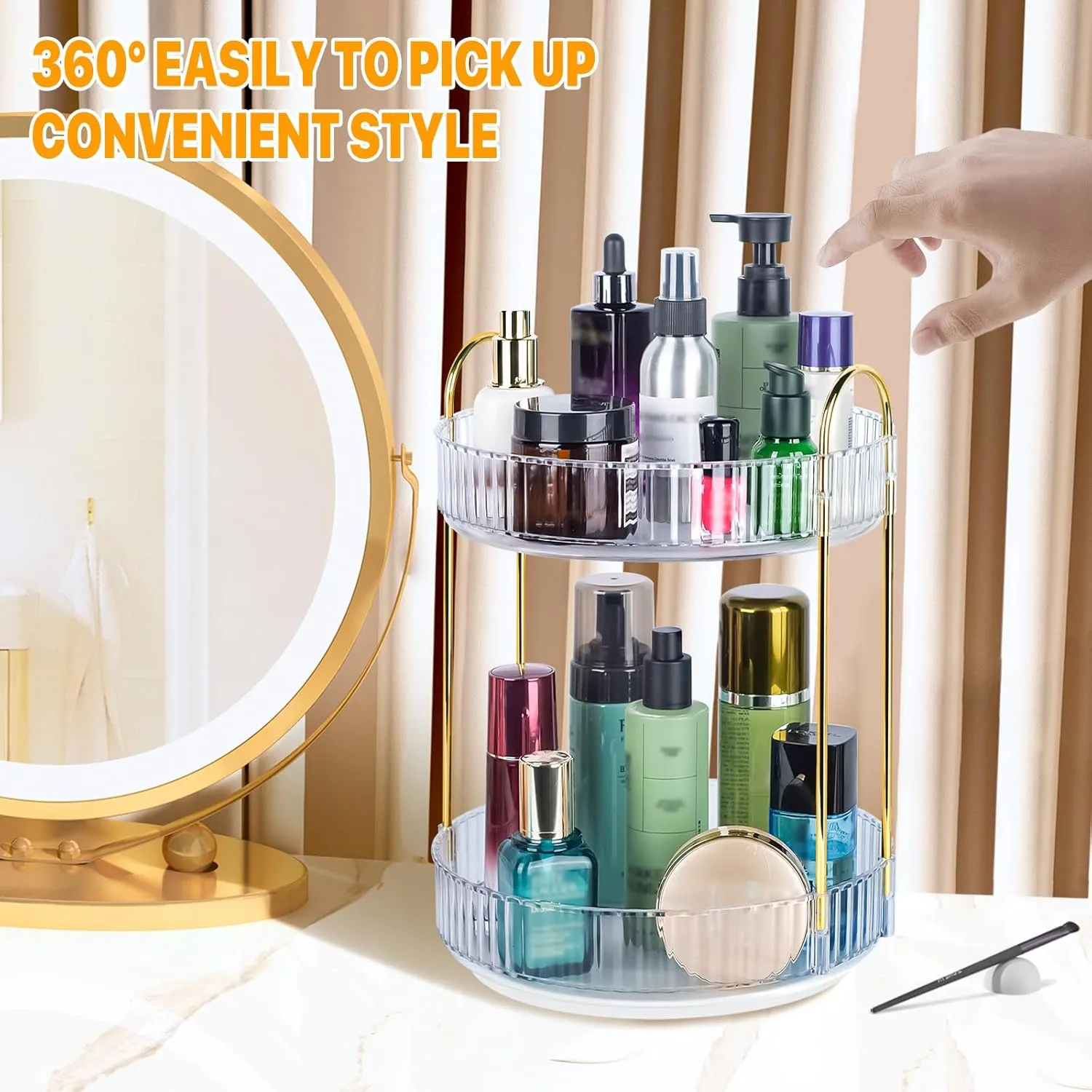 360 Spinning Makeup Organizer, Rotating Bathroom Makeup Holder Rack, Large Capacity Cosmetic Carousel Storage with 2 Tier Perfect for Dresser Bedroom Vanity (Clear)