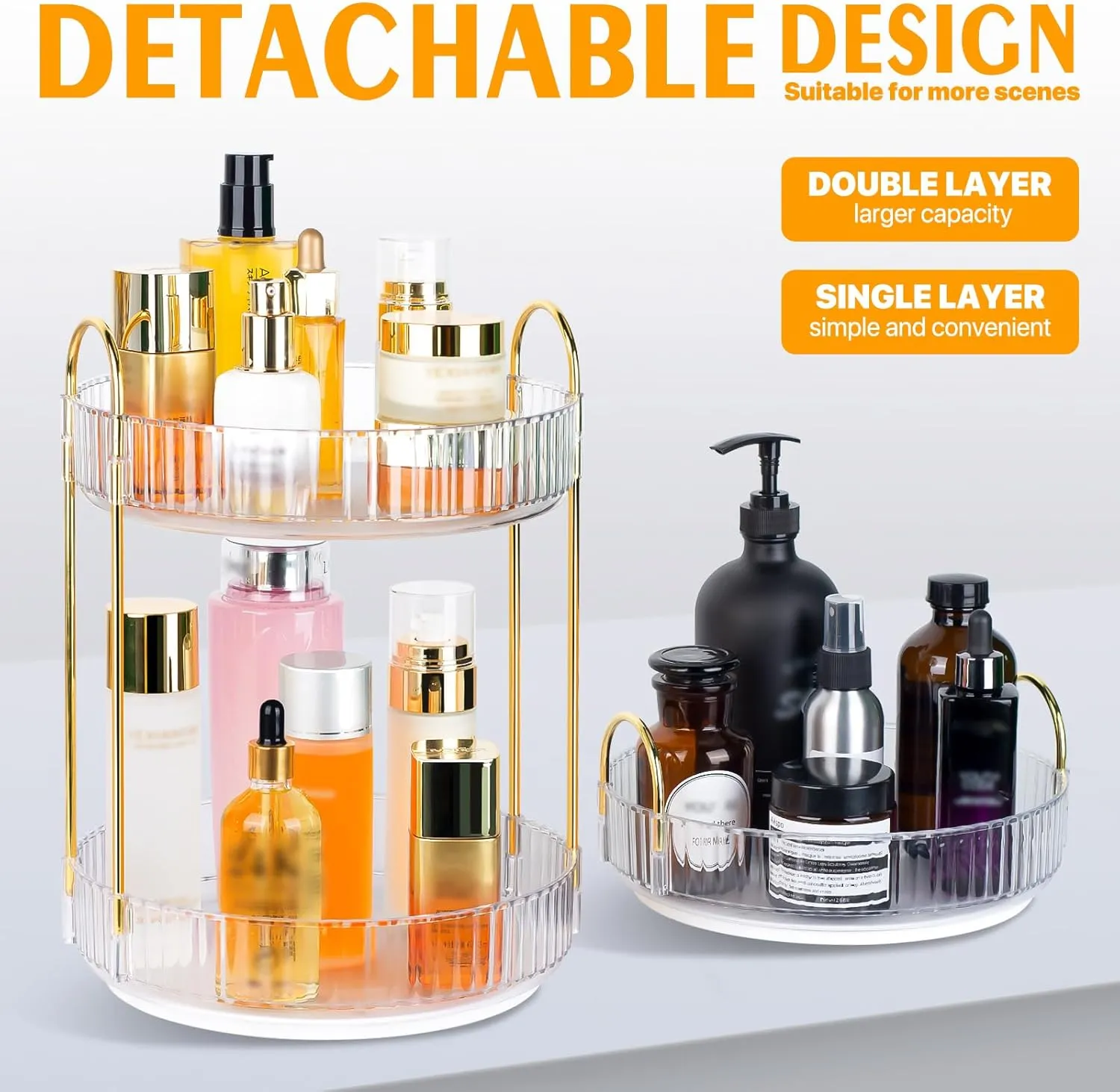 360 Spinning Makeup Organizer, Rotating Bathroom Makeup Holder Rack, Large Capacity Cosmetic Carousel Storage with 2 Tier Perfect for Dresser Bedroom Vanity (Clear)