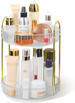 360 Spinning Makeup Organizer, Rotating Bathroom Makeup Holder Rack, Large Capacity Cosmetic Carousel Storage with 2 Tier Perfect for Dresser Bedroom Vanity (Clear)