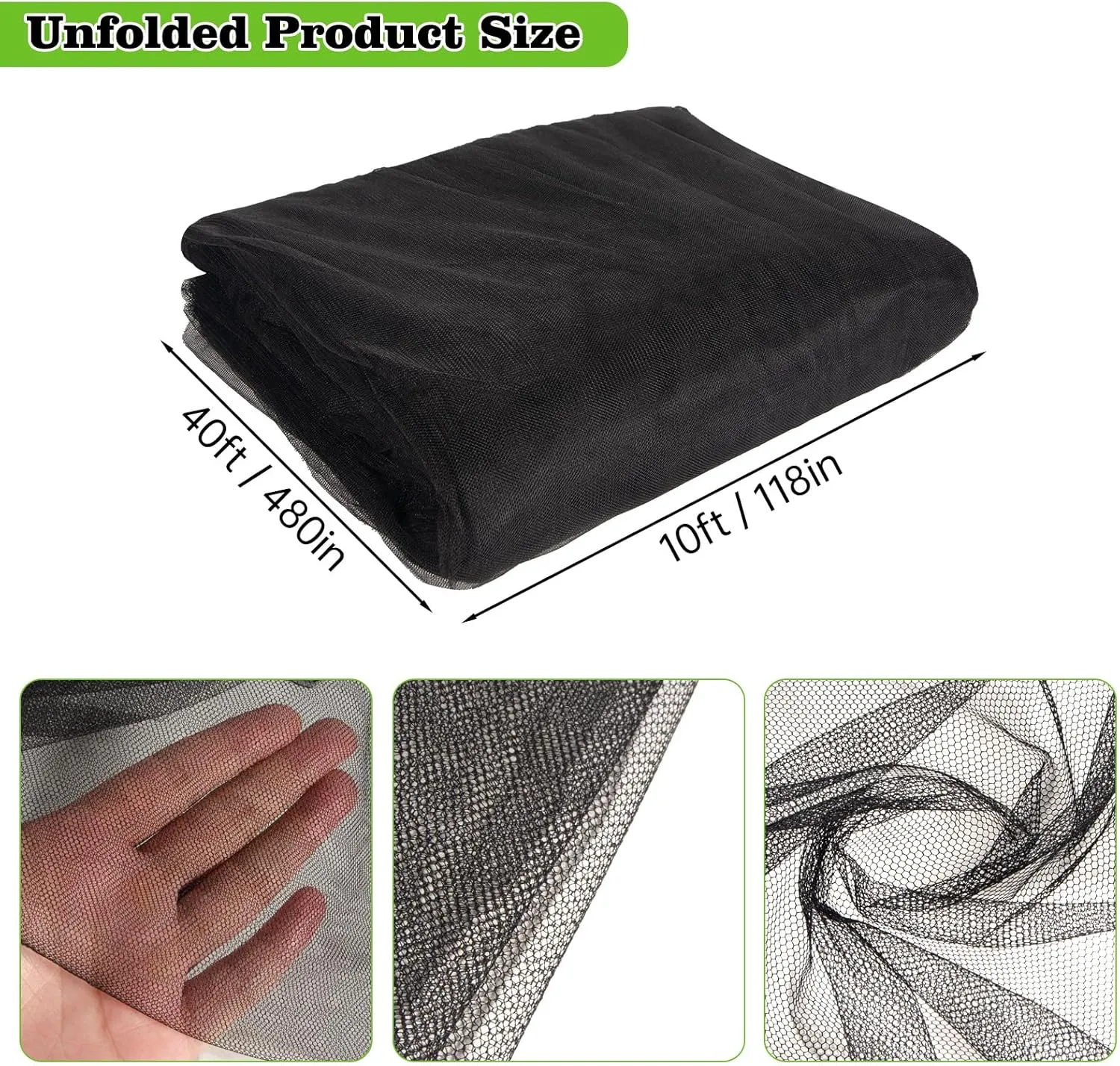 39x10Ft Mosquito Netting Garden Mesh Netting,Fly Bird Net Barrier Hunting Blind Plant Protecting Net, 3x12m Black