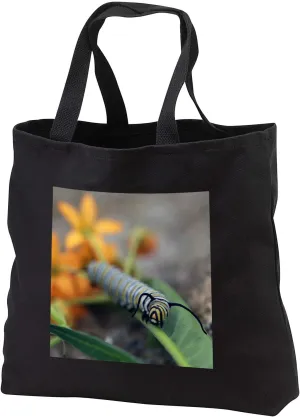 3dRose Macro photo of a monarch caterpillar munching of tropical milkweed. - Tote Bags (tb_335390)