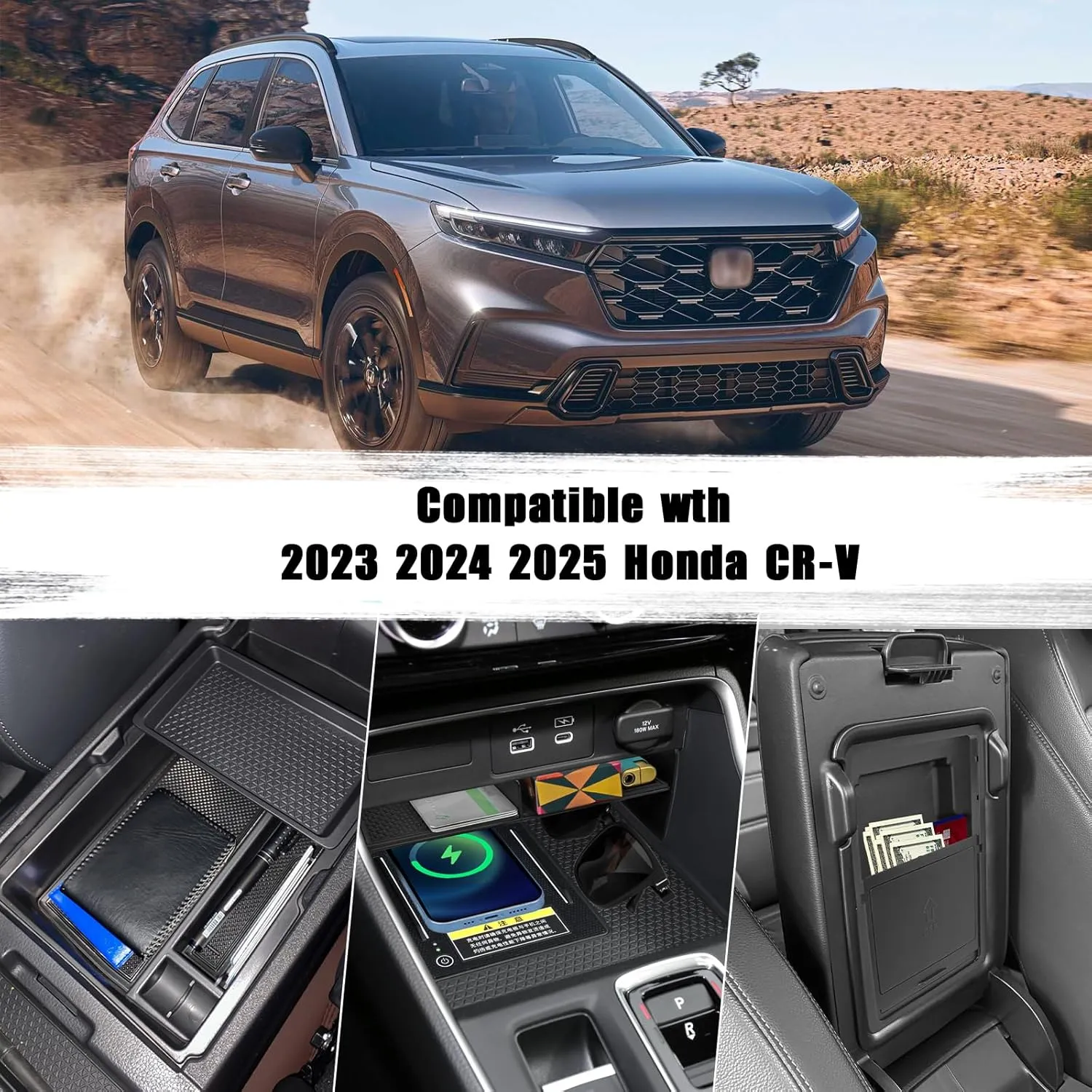 3PCS Center Console Organizer Compatible with 2025 2024 2023 Honda CRV Armrest Storage Box Armrest Hidden Storage Box Secret Compartment Insert Tray Interior Accessories