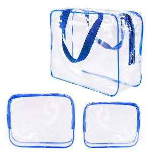 3Pcs Crystal Clear PVC Travel Toiletry Bag Kit for Women Men, Waterproof Vinyl Organizer Clear Makeup Bags with Zipper Handle Straps, Cosmetic Bag Pouch Carry on Airport Airline Compliant Bag Handbag