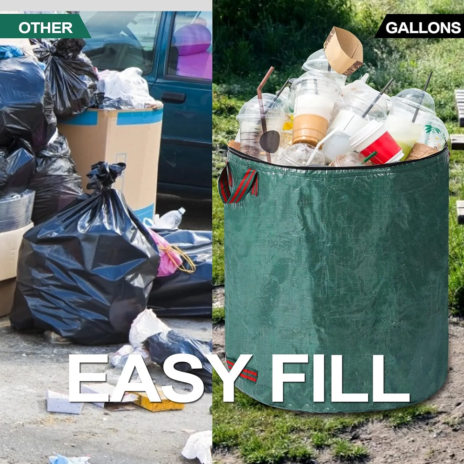 4 Pack 72 Gallons Reusable Yard Waste Bags with Lid Extra Large Lawn Leaf Bags Heavy Duty with 4 Handles Garden Waste Bags Container for Clean Up Outdoor Debris Leaves Grass Clippings