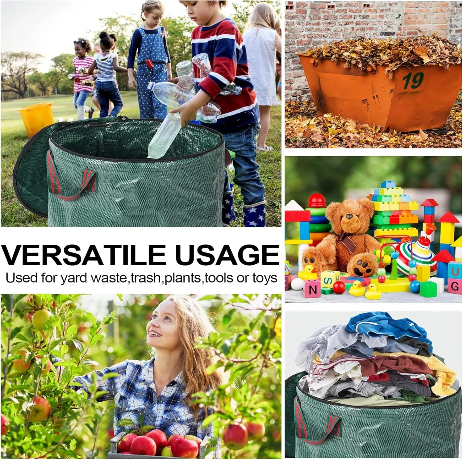 4 Pack 72 Gallons Reusable Yard Waste Bags with Lid Extra Large Lawn Leaf Bags Heavy Duty with 4 Handles Garden Waste Bags Container for Clean Up Outdoor Debris Leaves Grass Clippings