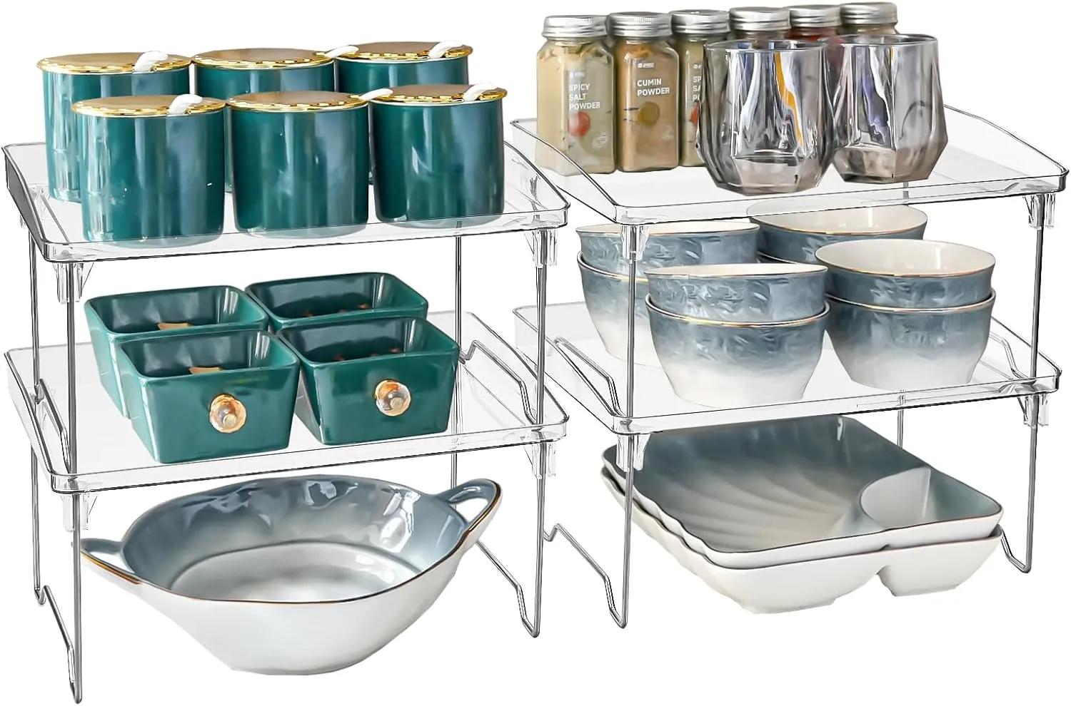4 Pack Cabinet Organizer Shelf, Stackable Kitchen Counter Shelves, Clear Plastic Shelf Riser, Foldable Spice Rack for Bowls, Mugs, Plates, Spice, Pantry Organizer (11.6 x 8.2 x 5.9 inches)