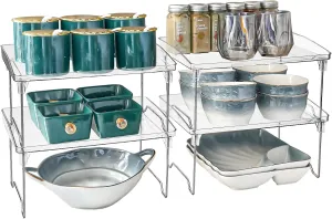 4 Pack Cabinet Organizer Shelf, Stackable Kitchen Counter Shelves, Clear Plastic Shelf Riser, Foldable Spice Rack for Bowls, Mugs, Plates, Spice, Pantry Organizer (11.6 x 8.2 x 5.9 inches)