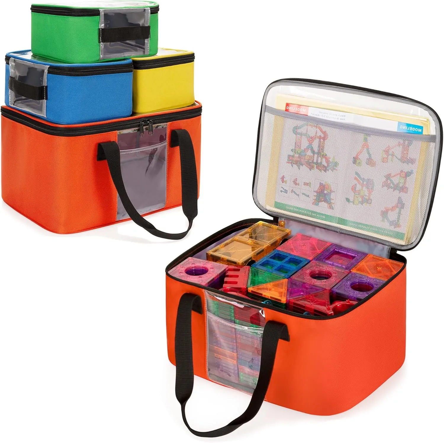 4 Pack Magnetic Tiles Storage Bag, Multifunction Toy Storage Organizer Bag, Magnetic Tiles Travel Bag Case with Visible Top for Magnet Building Tiles, Board Game, Puzzle, Car Toy