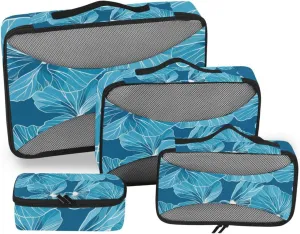 4 Pcs set bag organizer insert Mesh Travel Essentials Bold Line Leaf Geranium Cyan portable cubes for travel women