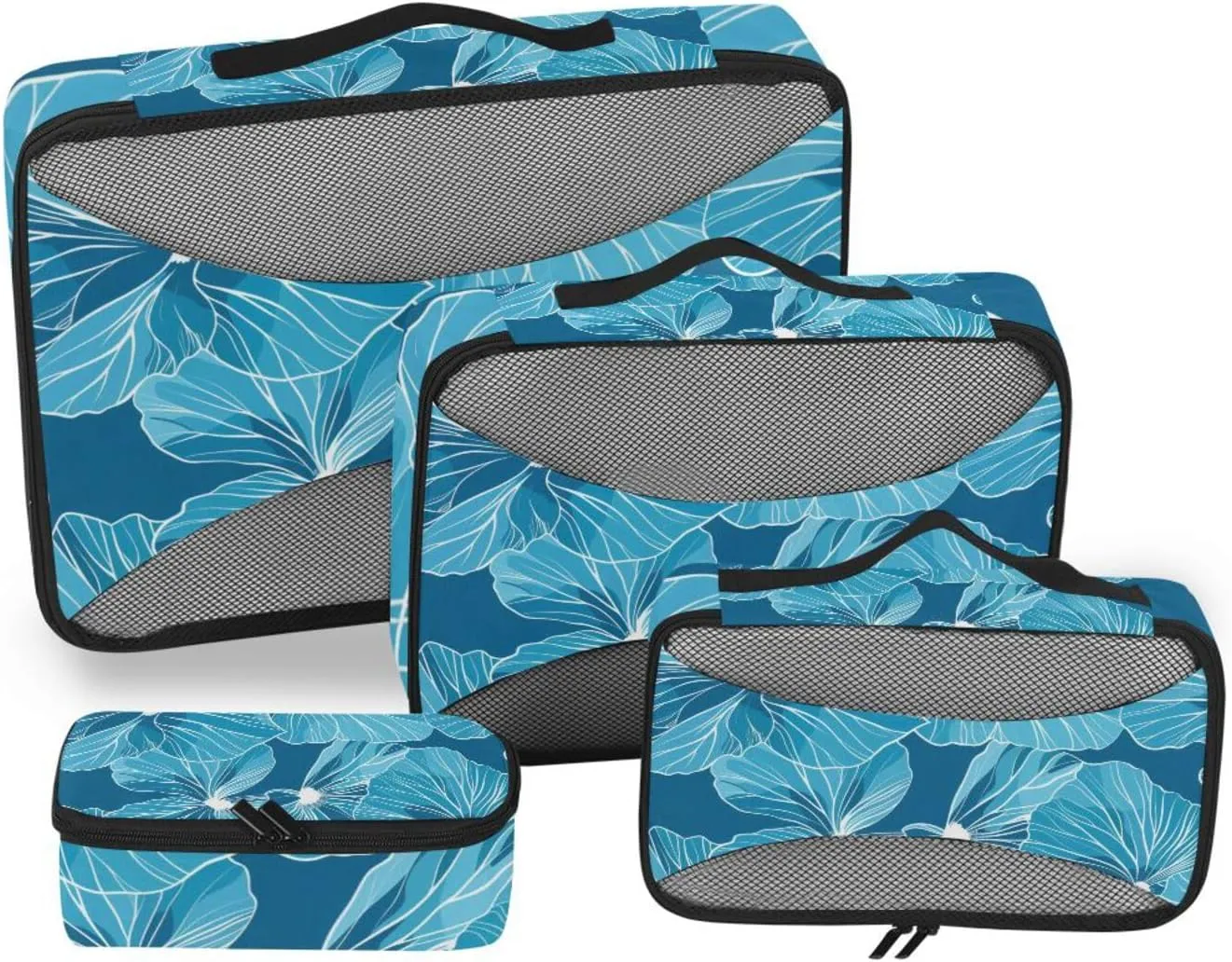 4 Pcs set bag organizer insert Mesh Travel Essentials Bold Line Leaf Geranium Cyan portable cubes for travel women