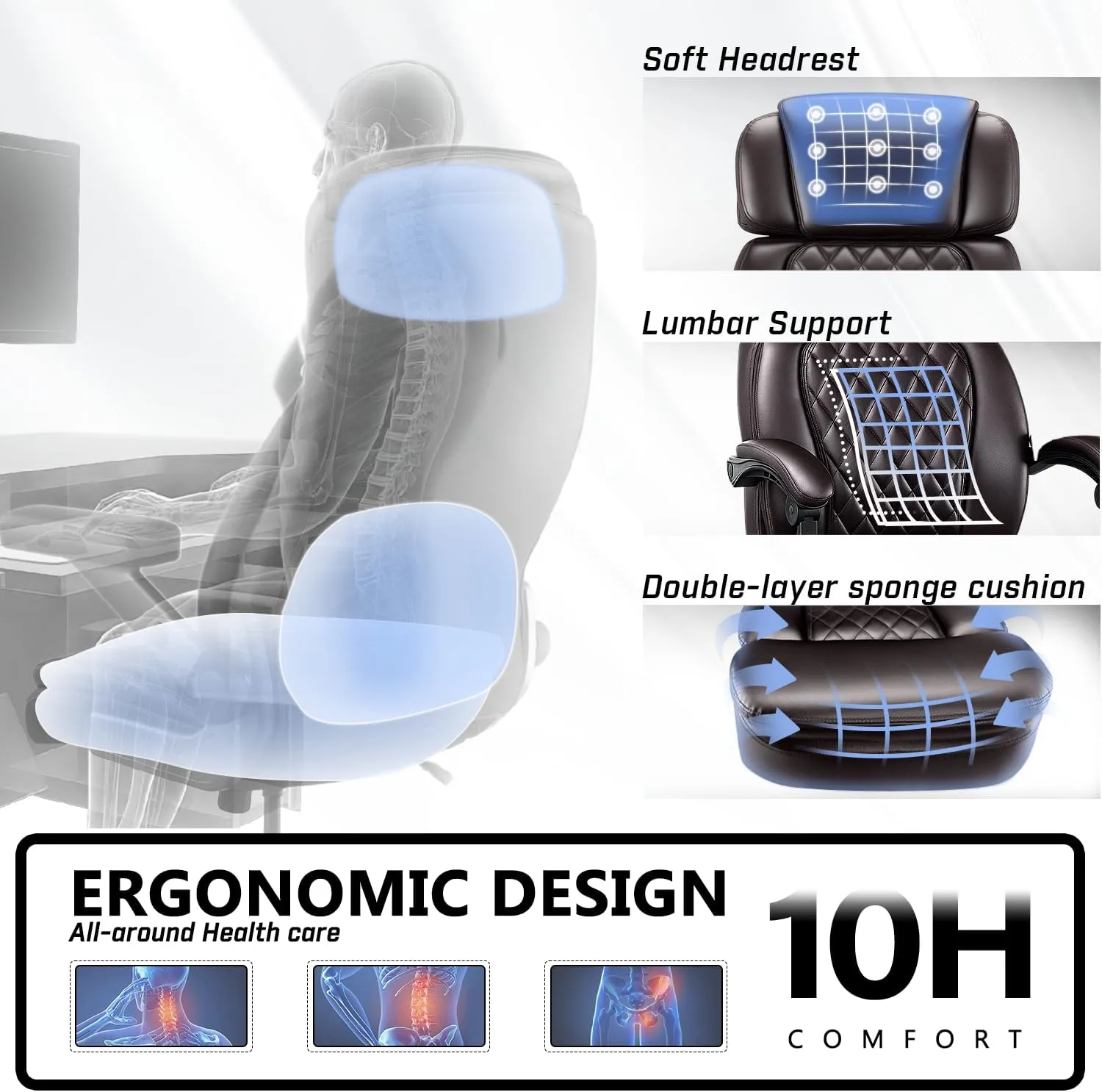 400lbs Executive Office Chair with Foot Rest for Heavy People, Ergonomic Big and Tall Desk Chair with Adjustable Headrest, High Back PU Leather Comfy Heavy Duty Computer Chair