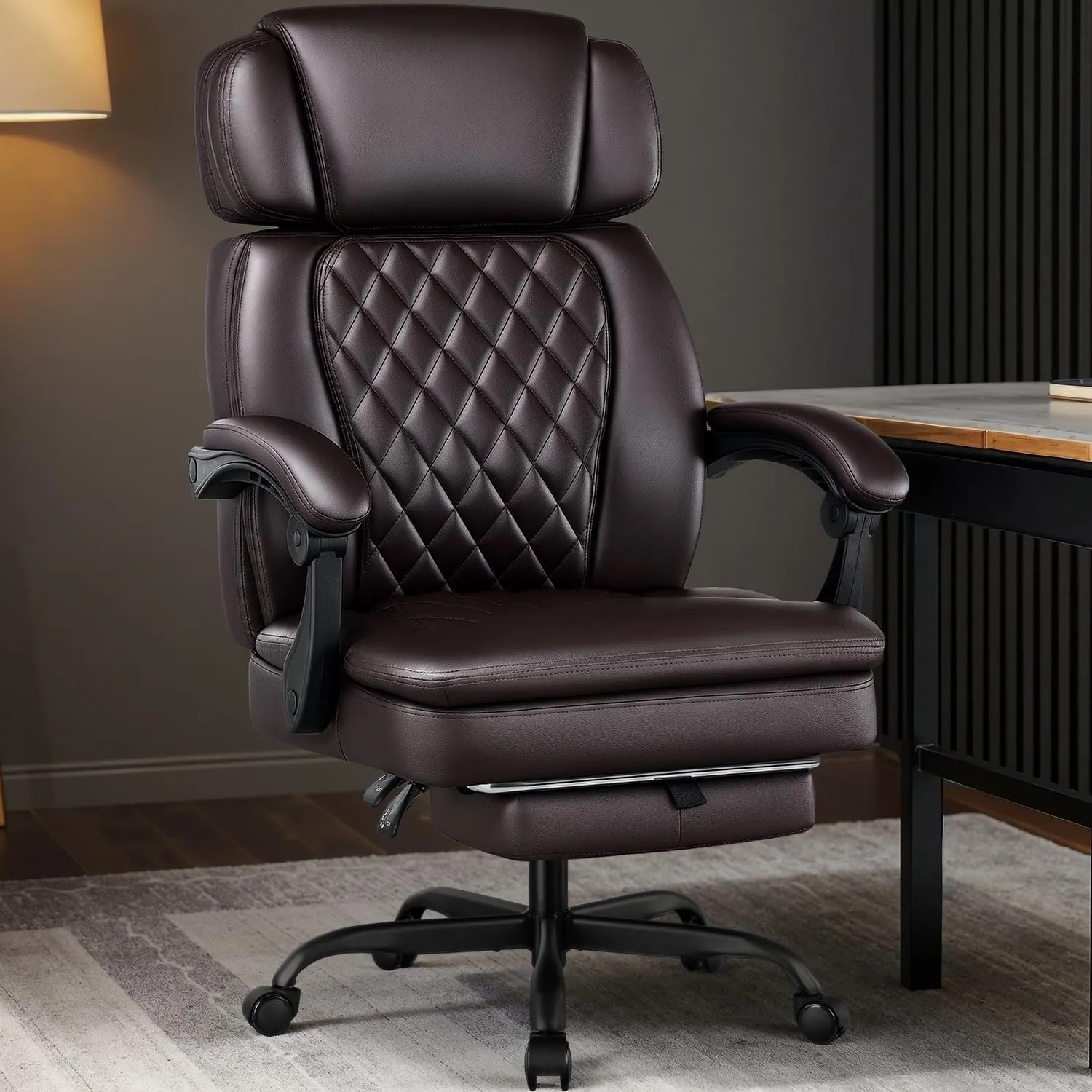 400lbs Executive Office Chair with Foot Rest for Heavy People, Ergonomic Big and Tall Desk Chair with Adjustable Headrest, High Back PU Leather Comfy Heavy Duty Computer Chair