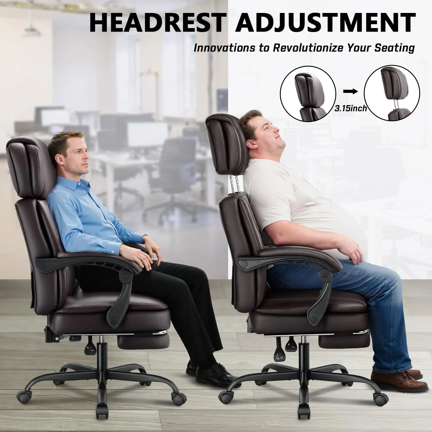 400lbs Executive Office Chair with Foot Rest for Heavy People, Ergonomic Big and Tall Desk Chair with Adjustable Headrest, High Back PU Leather Comfy Heavy Duty Computer Chair
