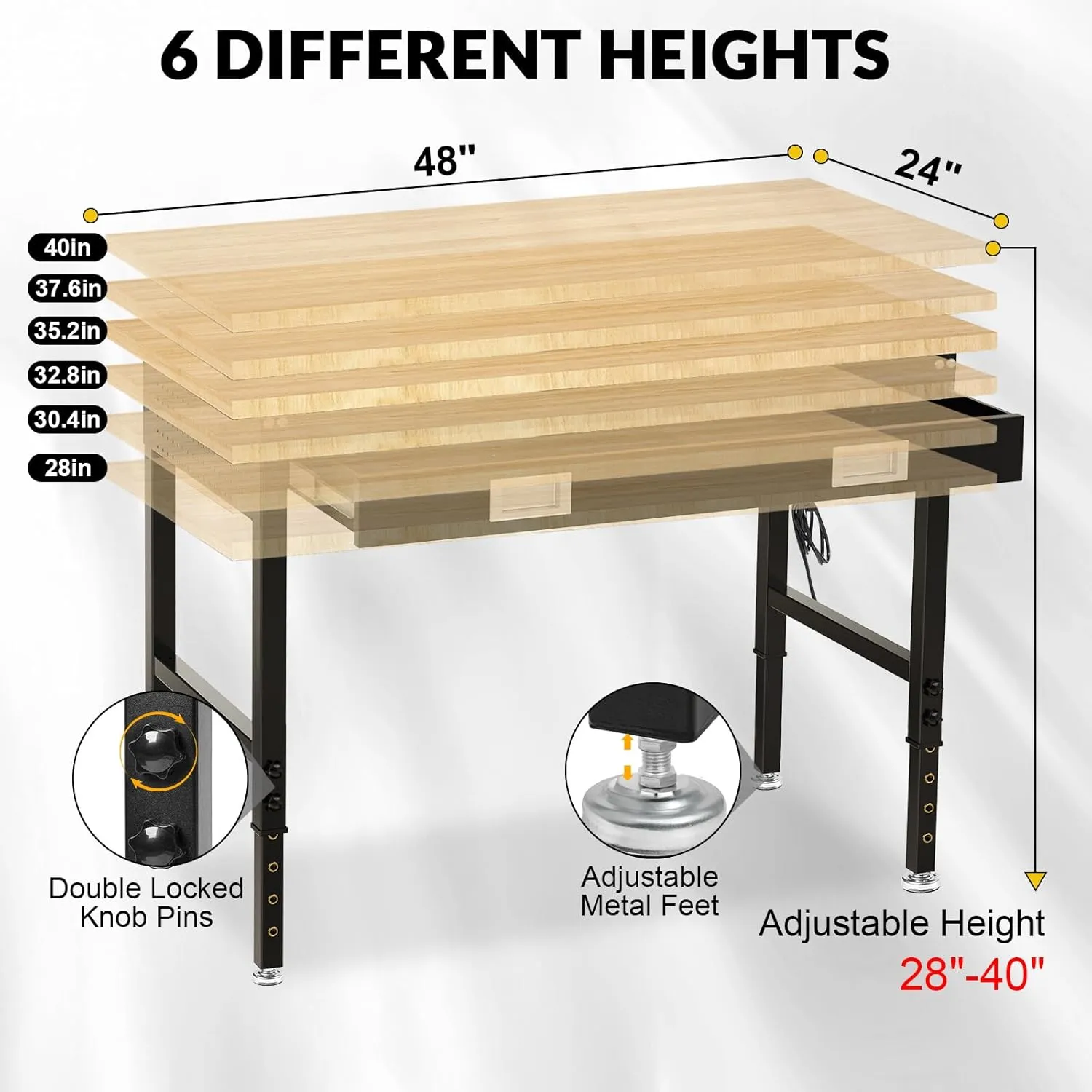 48" Workbench with Drawers, Adjustable Height Work Bench 2000 LBS Heavy-Duty Work Table Rubber Wood Work Station with Power Outlet & Pegboard for Garage, Office, Workshop, Home, Party Shop