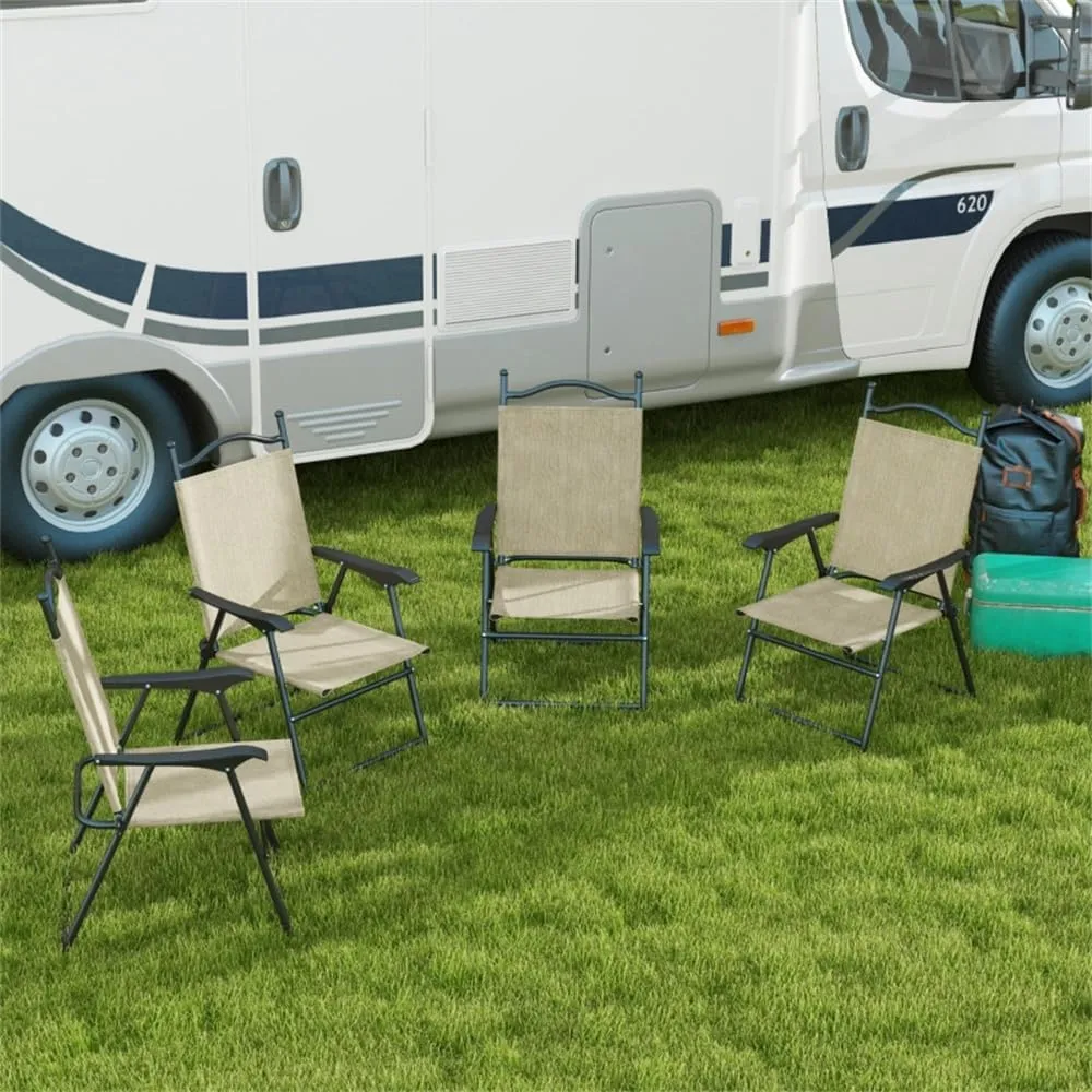 4pcs Folding Camping Chair with Backrest & Armrest, for Garden, Backyard, Courtyard, Beach, Living Room(22" L x 24.5" W x 38.25" H) (Beige)