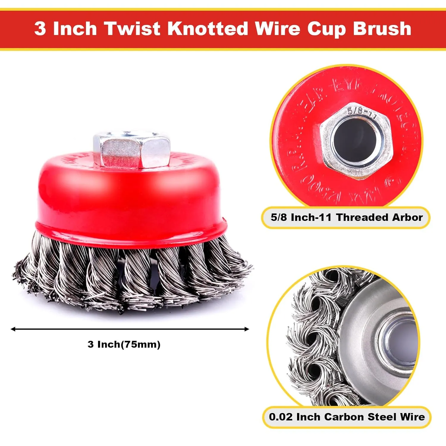 5 Pack 3 Inch Knotted Wire Cup Brush for 4 1/2 Angle Grinder, 5/8 Inch-11 Threaded Arbor, 0.02 Inch Carbon Steel Wire, Brush for Rust, Corrosion, Paint Removal